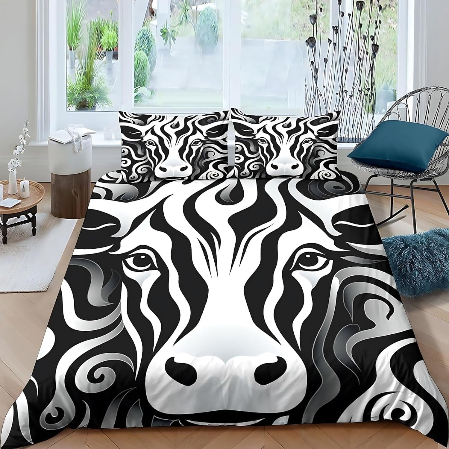 Housse de Couette 220 x 240 Abstrait Noir & Blanc Parure de Lit 2 Personnes avec Taies