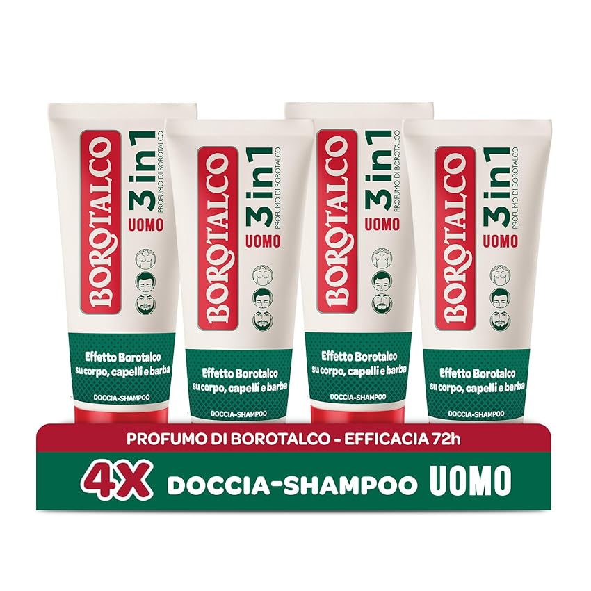 Borotalco, Bagnoschiuma Corpo Original, Docciaschiuma per Pelle Morbida e Vellutata, Effetto Borotalco sulla Pelle, Ideale per Uomo e Donna, Dermatologicamente Testato, 4 Flaconi da 200 ml
