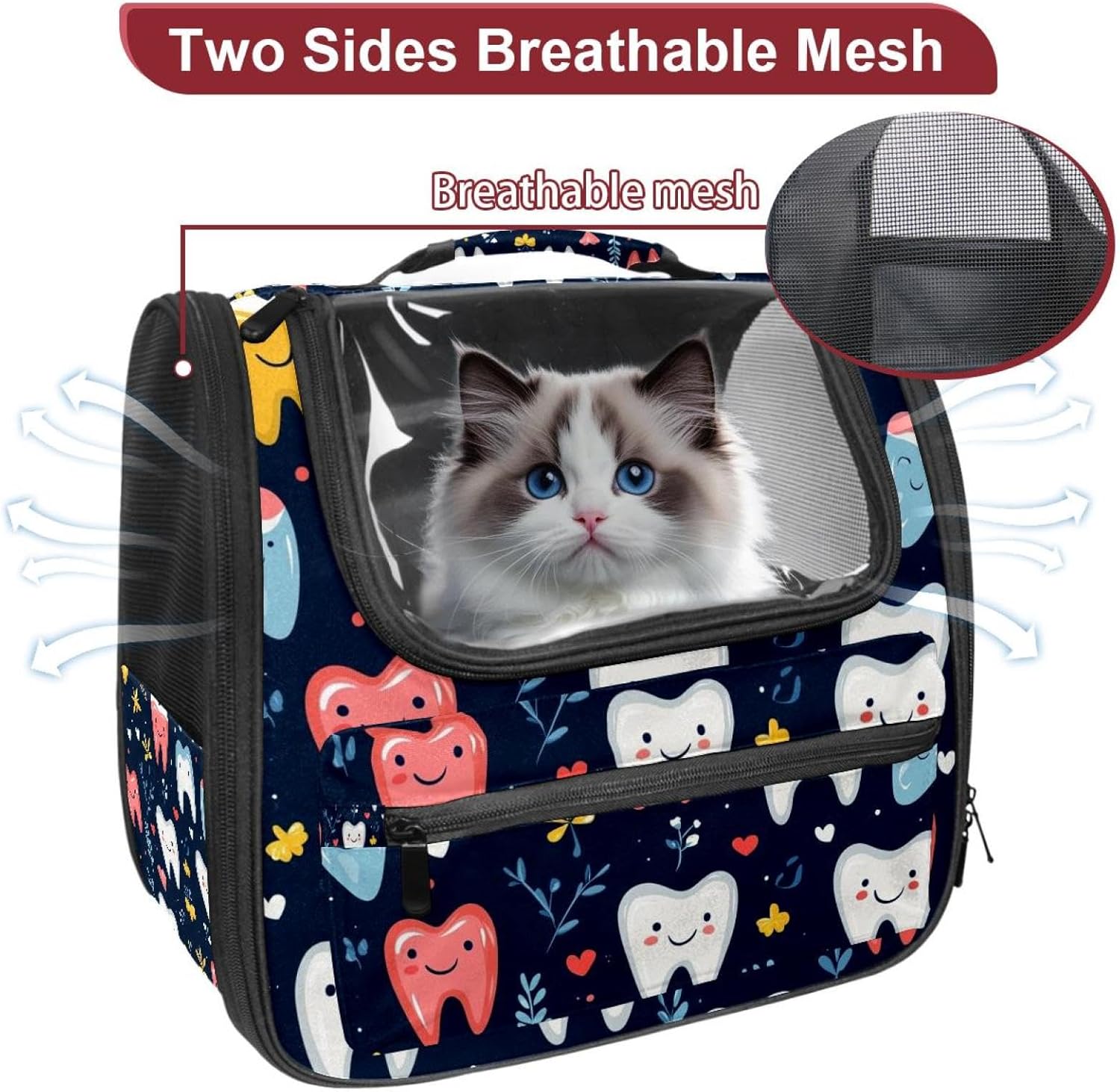 Portable Travel pet Backpack Carrier Hamster Bag Small Dog cat Carrier Breathable Hang Bag, Cute Dental (57)