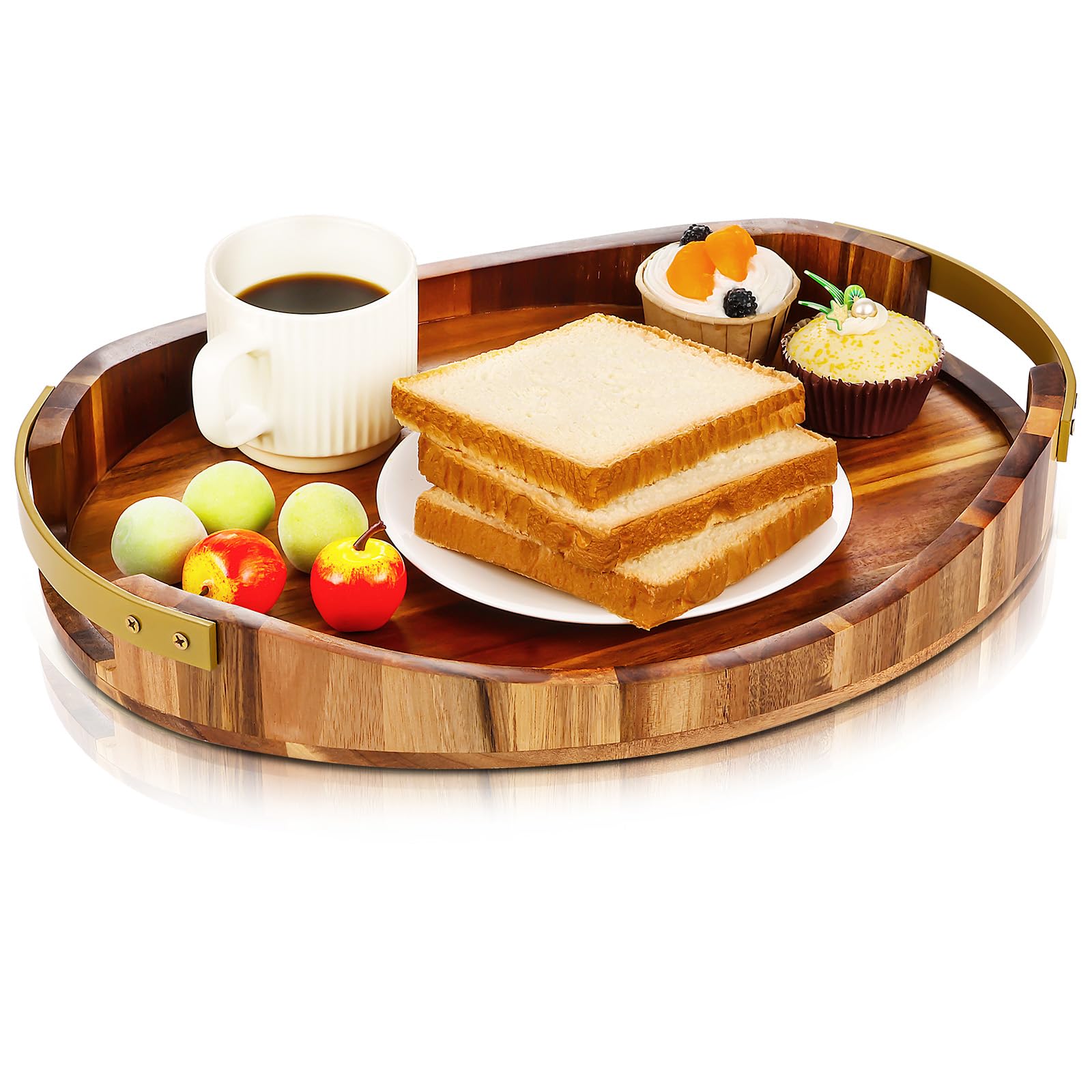 Vassoio da portata in legno di acacia con manici in metallo, 40,6 x 33 cm, rotondo, decorativo, con manici, per soggiorno, tavolino da caffè, colazione a letto, espositore per candele