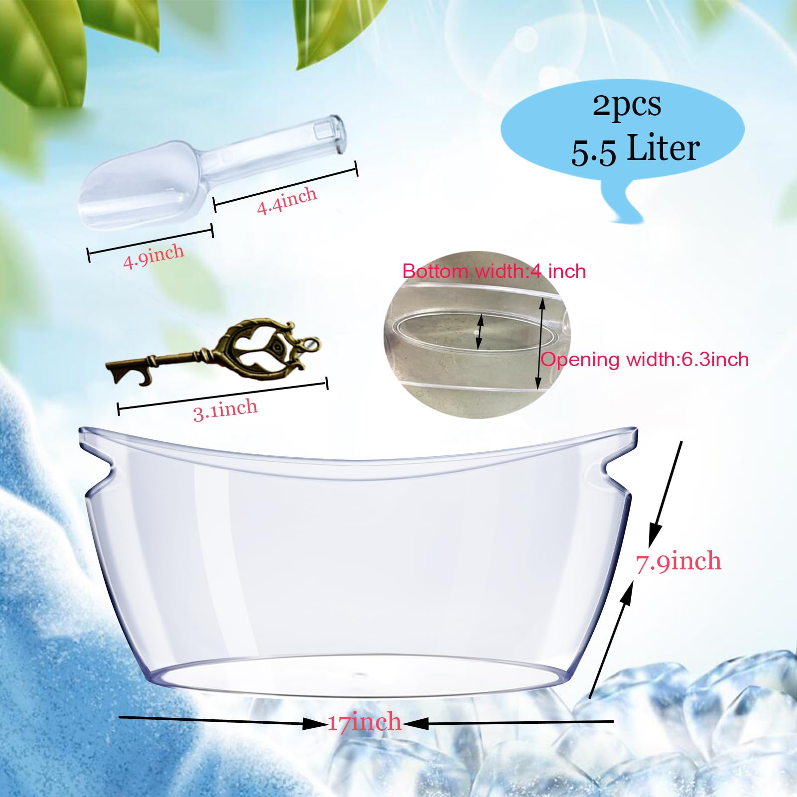 Eiskübel, Acryl-Eiskübel für Partys, 5,5 l, extra groß, transparent, Champagner-Bierwanne, Mimose, Bar, Zubehör, Wein-Getränke-Eimer mit Korkenzieher und Schaufel für Wein, Cocktailbar, transparent, 2