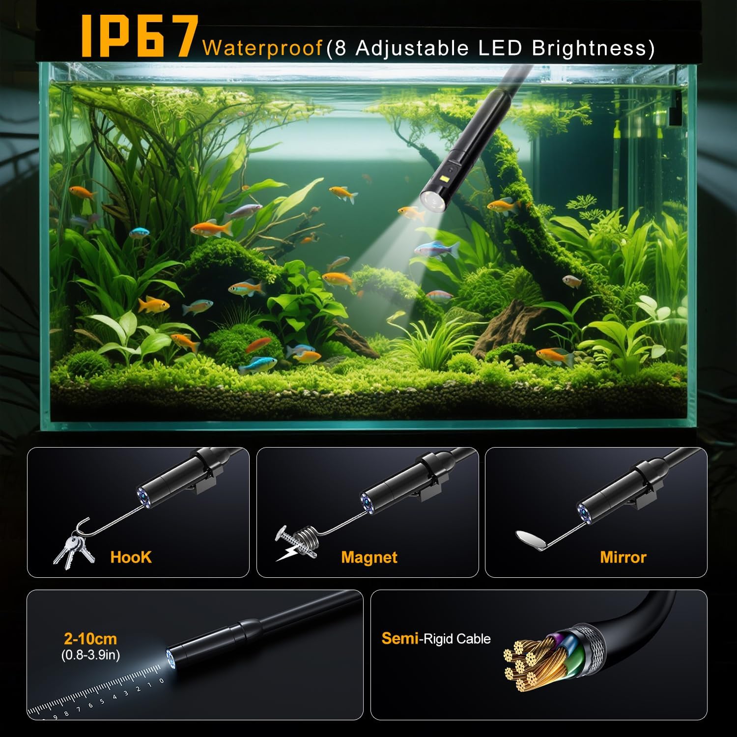 Endoscope Camera with Light, 1080P HD Borescope with 8 Adjustable Lights, 5" Endoscope with 16.4ft Semi-Rigid Snake Camera, IP67 Waterproof Borescopese for Sewer, Cool Gadgets & Tools for Men