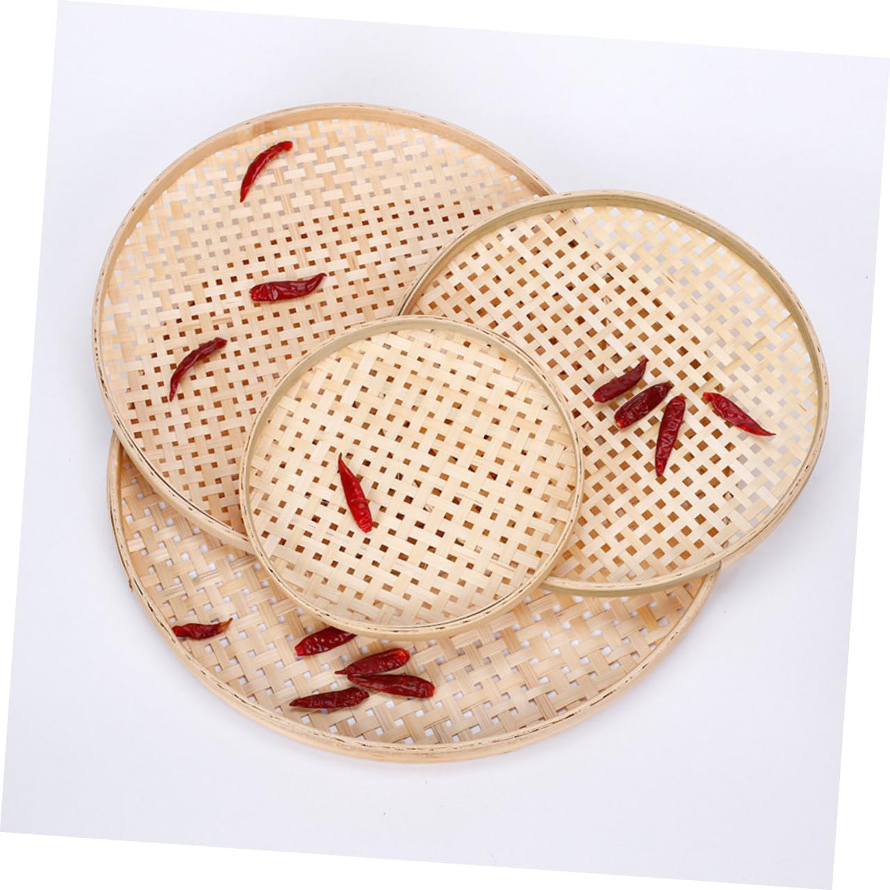 Setaccio Rotondo in Bambù Intrecciato 2 Pezzi, Beige