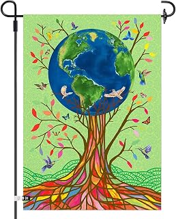 Earth Tree of Life Garden Flag 12x18 Inch, Burlap Double Sided Vertical Yard Flag Outdoor Flag Decoration, Rainbow Peace Sign Outside Decor for Home Lawn Farmhouse, Welcome Garden Flag Gifts