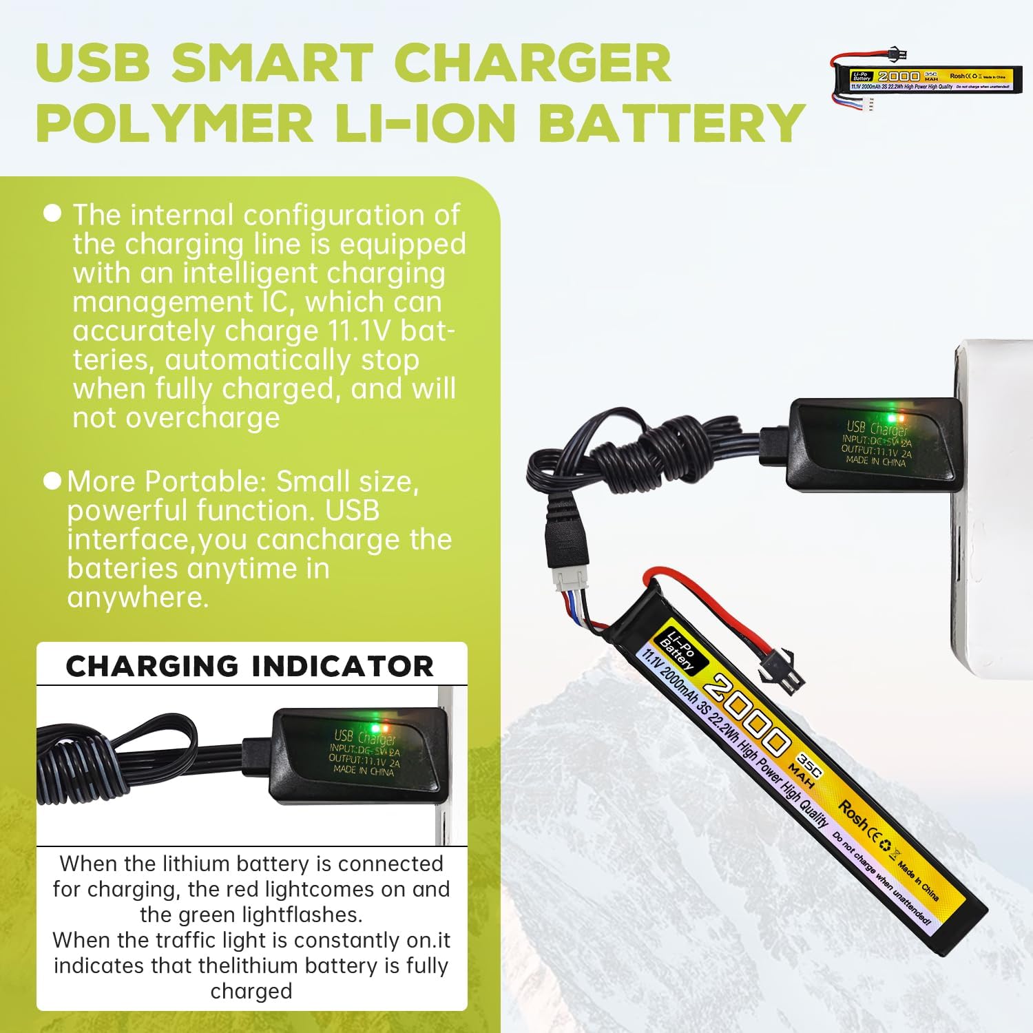 2PCS 11.1V 35C 2000mAh SM-2P Plug T Plug Odamiya Plug Lithium Battery with USB Charging Cable for Airsoft Model Gun Rifle RC Car Drone Battery