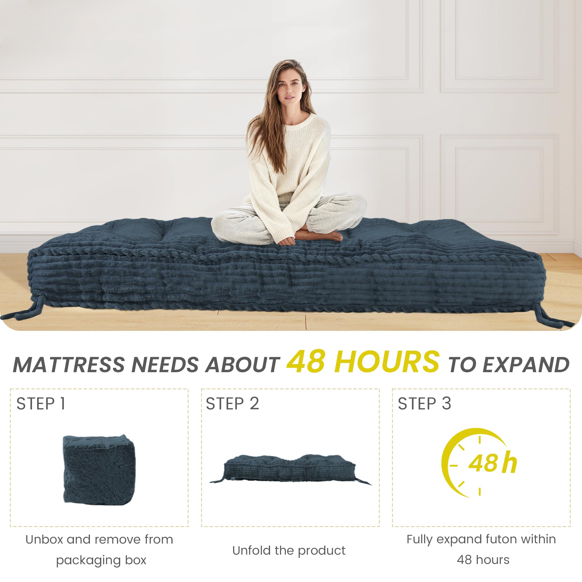 8” Futon Mattress Full Size 54” x 80”, Futon Sofa Couch Bed with Twisted Rope Design Edging, Extra Thick Corded Floor Futon Mattress Sleeping Mat for Adults, Camping, Dorm, Blue(Frame Not Included)