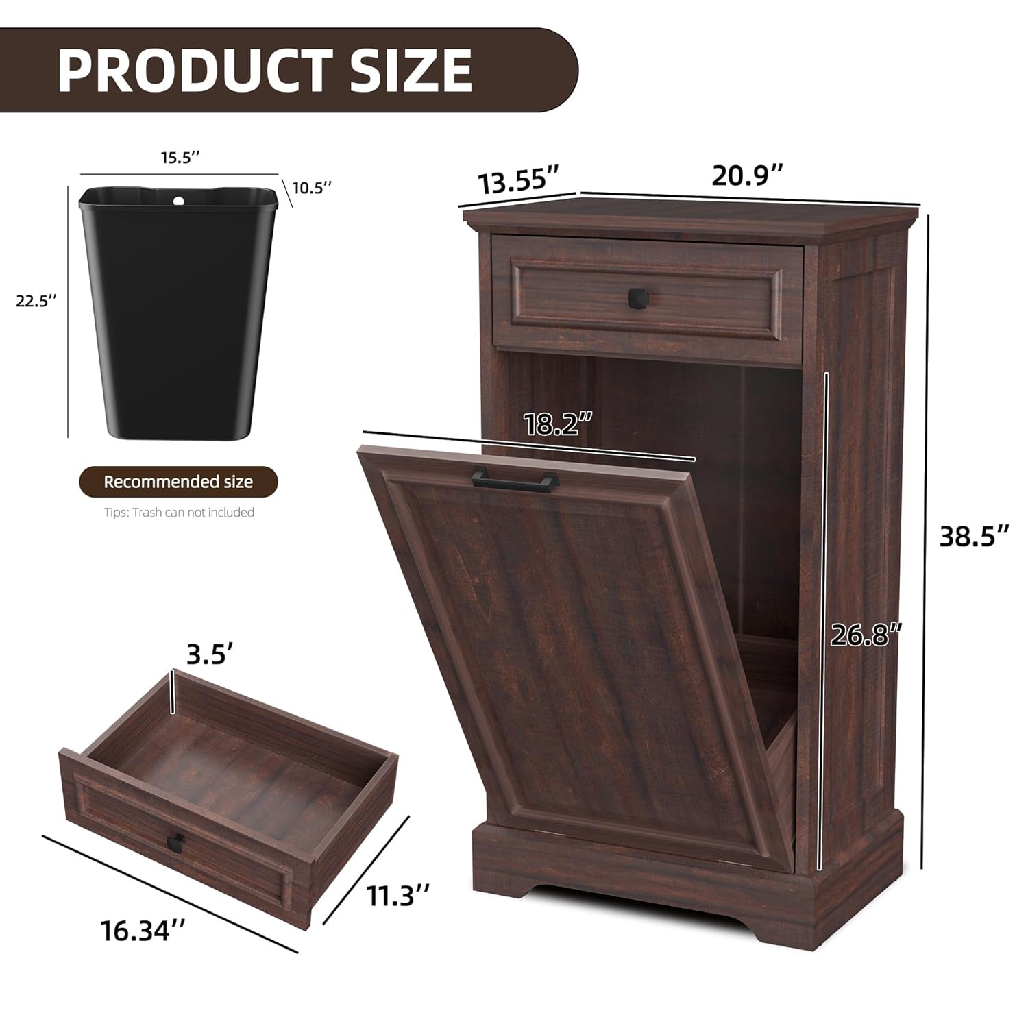 Spurgehom 13 Gallons Tilt Out Trash Can Cabinet Hidden Kitchen Waste Bins Free Standing Recycling Trash Cabinets with Drawer Pet Proof Trash Can for Kitchen and Living Room, Brown