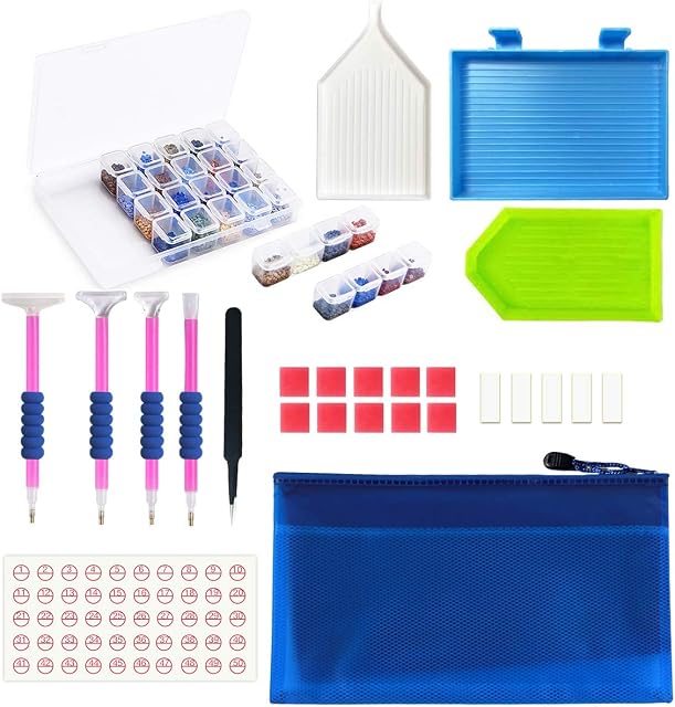 JUSONEY 5D Diamond Painting Kit- 31 Pieces DIY Diamond Painting Accessories Pack with 28 Slots Diamond Embroidery Box Ceramic Tweezers Pens Toolbox for Diamond Art Accessories