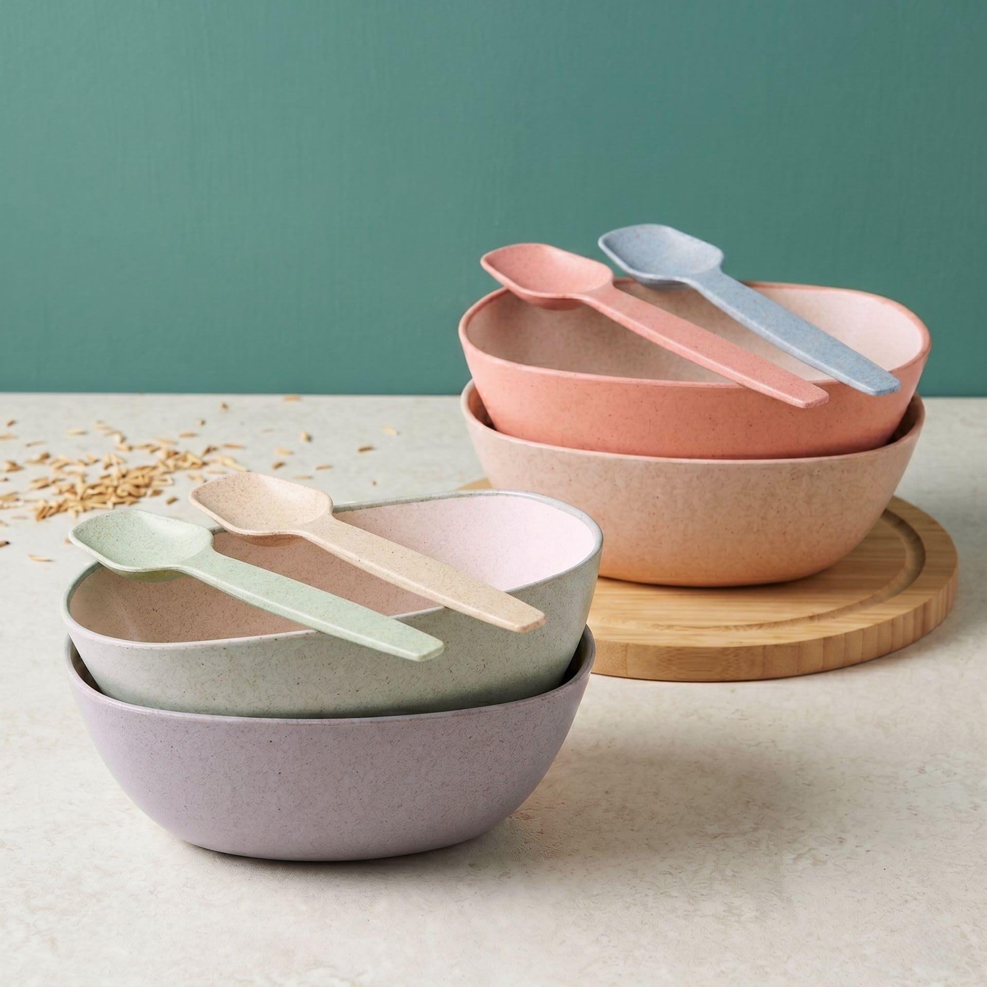 Eha Set of 4 Earth-Friendly Multipurpose Bowls for Kitchen | 600 ml | Made with Bamboo Fibers & Rice Husk | Microwave Safe Bowl | for Hot & Cold Serving Bowl Set | Multicolor