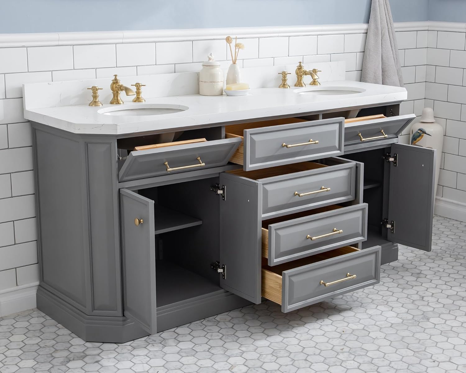 Water Creation Palace 72" Wood Double Bathroom Vanity in Gray and Satin Gold