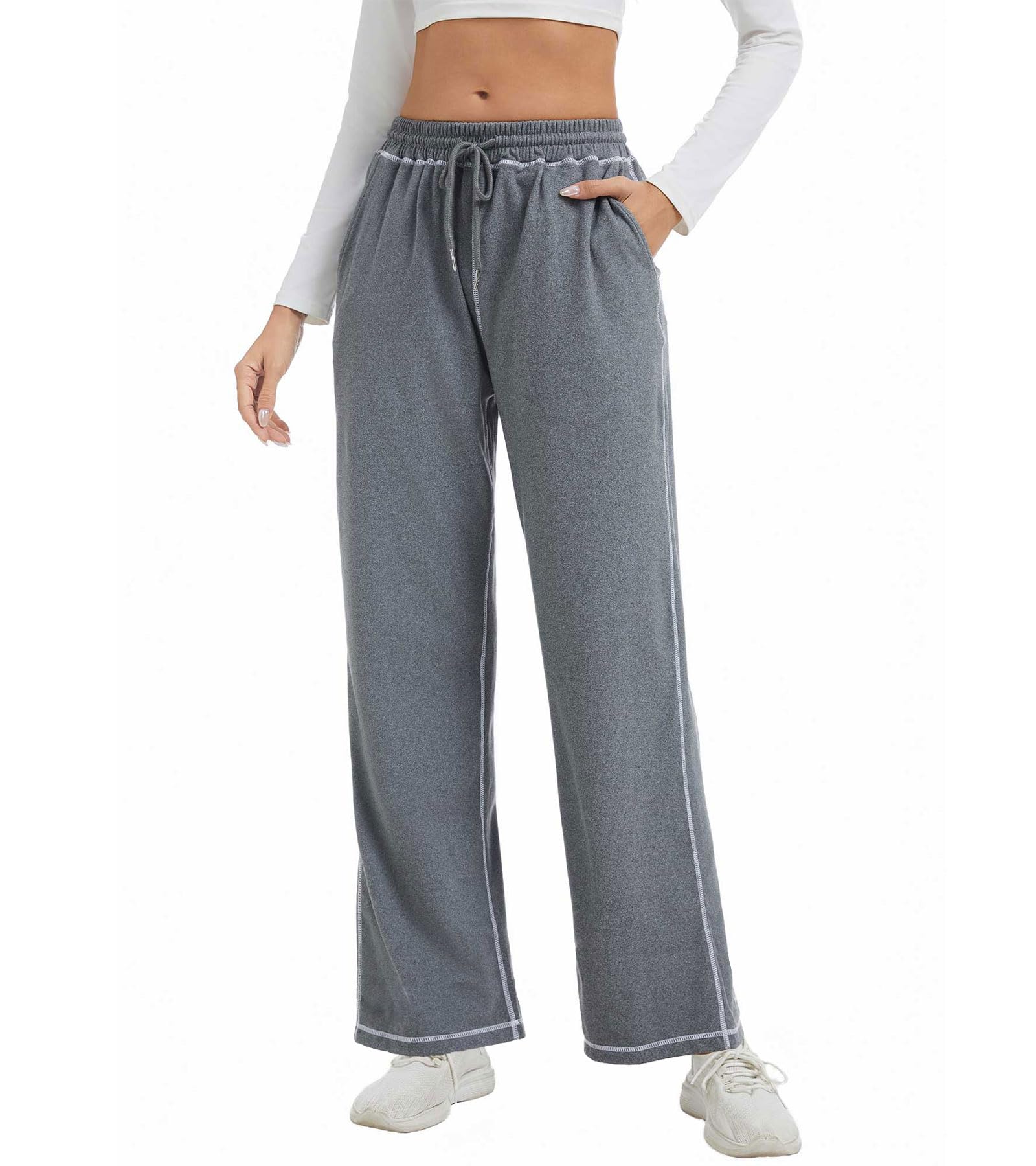 adorence Joggingbroek dames baggy lang met zakken en elastische tailleband – zachte sweatpants met hoge taille en wijde pijpen, ideaal voor dagelijks gebruik, sport en vrije tijd - Grijs L