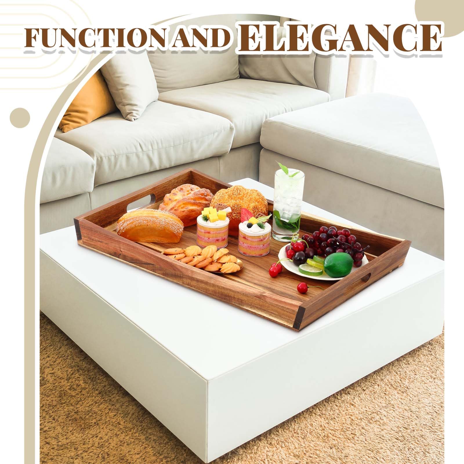 Teenyyou Bandeja curvada de madera de 24 x 16 pulgadas, bandeja otomana rectangular grande curvada de madera clásica con asas para té, cocina, alimentos, bebidas, aperitivos de frutas