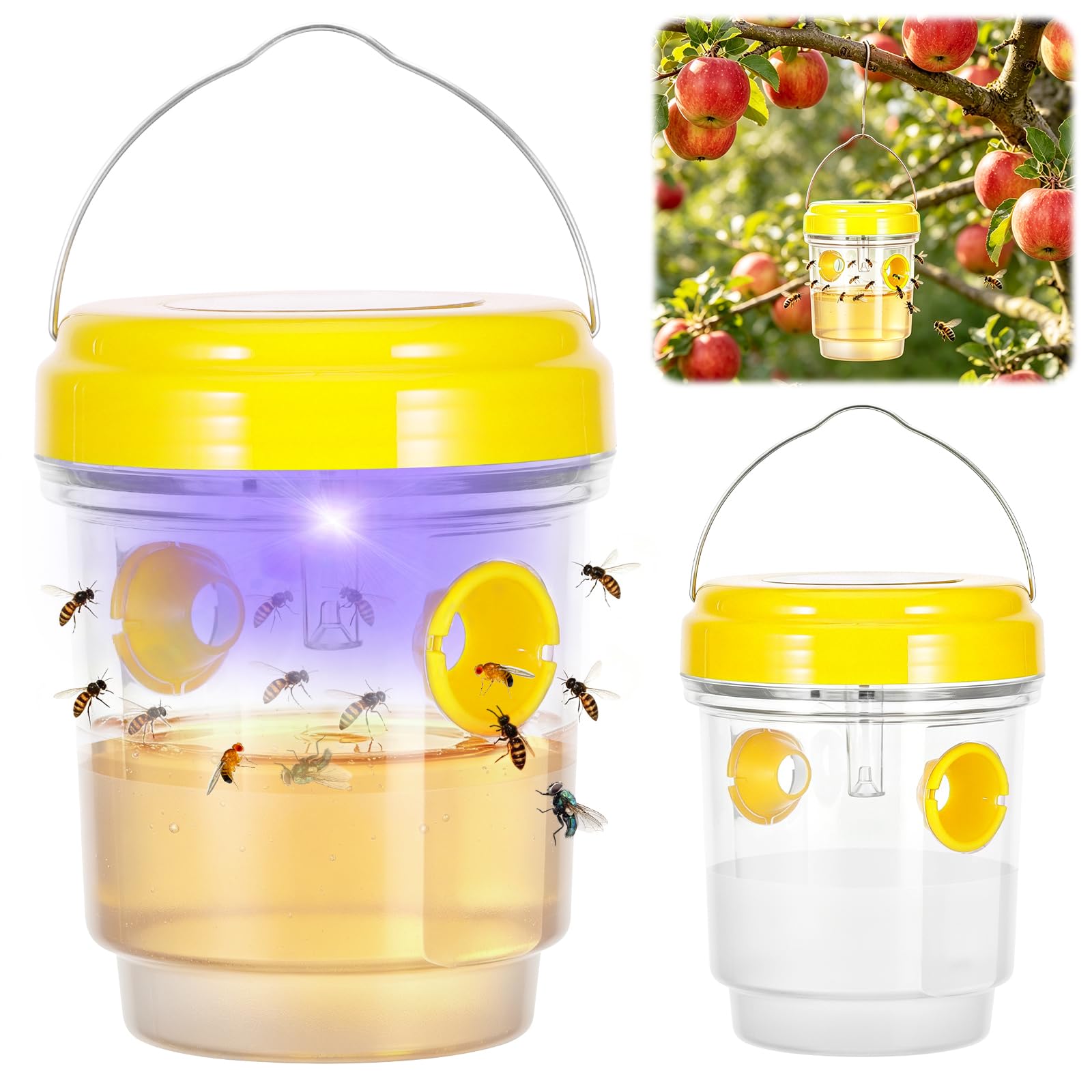 Wasp Trap, 2 Pack Wasp Nest Killer for Outdoor Hanging, Reusable Waterproof with LED Light Effective Solar Powered, Hornet and Bee Flying Insect Traps for Garden, Patio, Yard, Camping(Yellow)