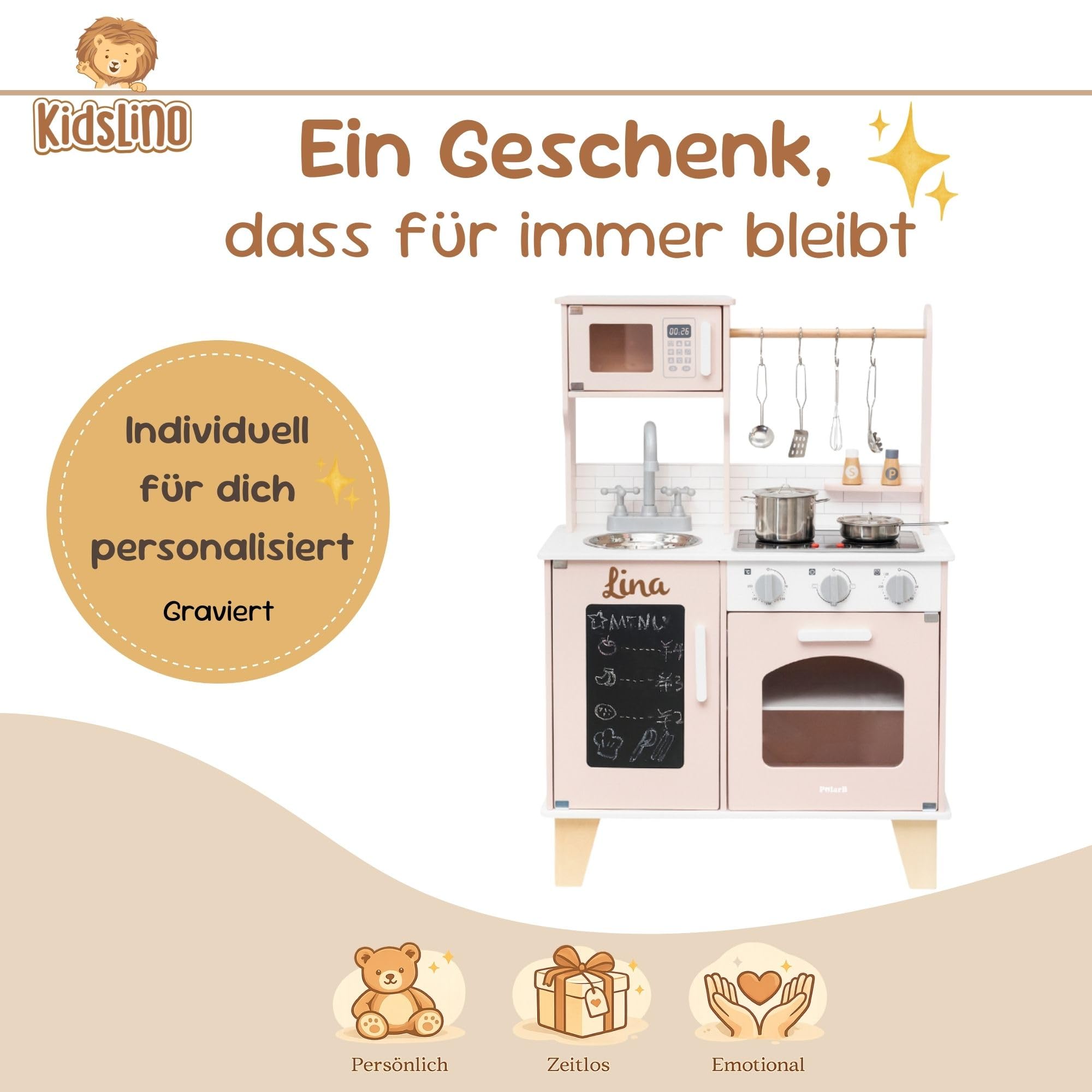 Cucina per bambini in legno personalizzabile – cucina giochi con luce e funzione sonora – cucina bambini con accessori da cucina – regalo 1 compleanno ragazza – rosa
