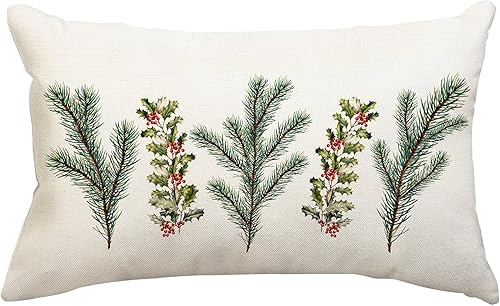 Funda de almohada decorativa de Navidad de 12 x 20 pulgadas, diseño de pino y baya de acebo, decoración para sofá disponible en Yaxa Peru