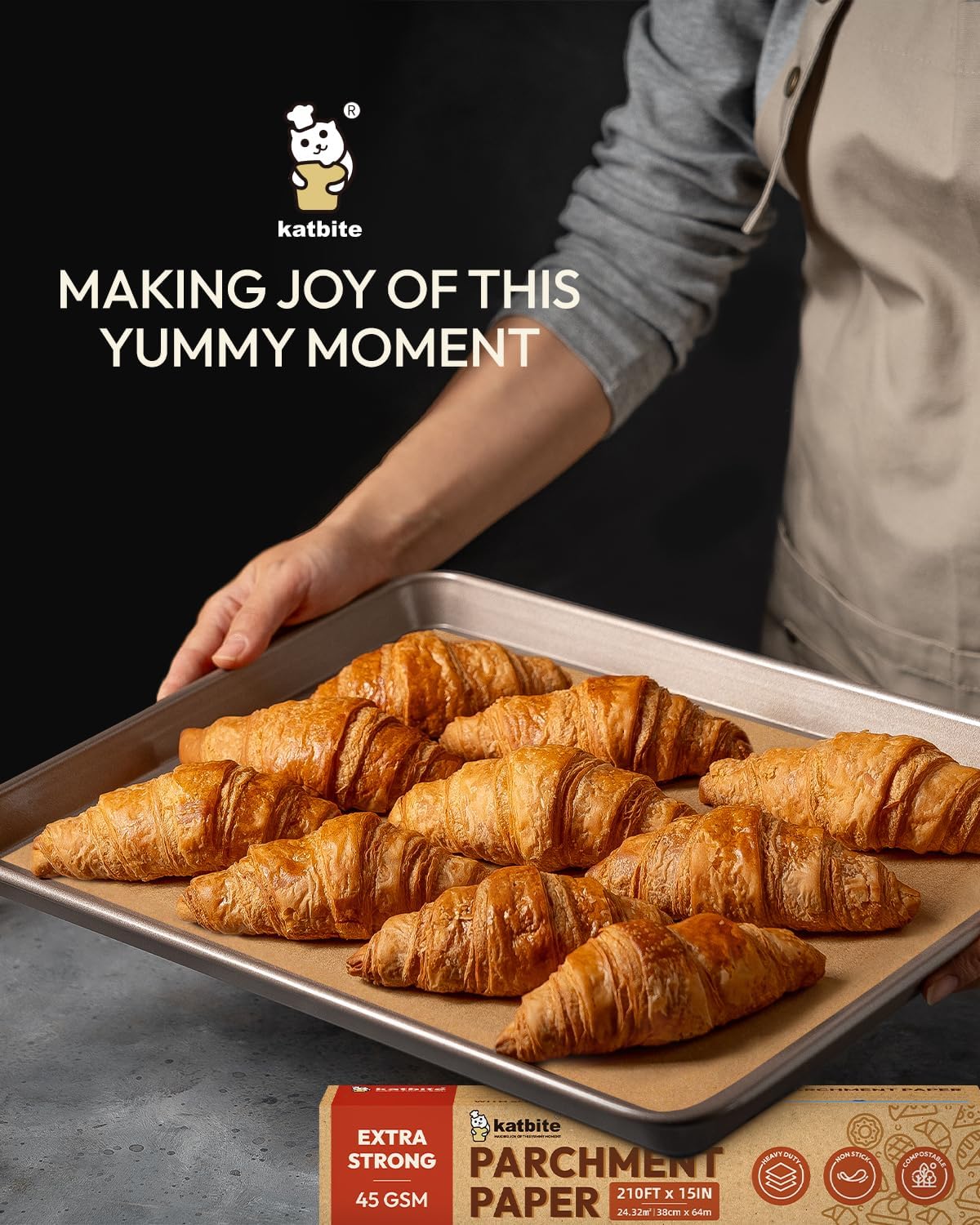 Katbite Unbleached Parchment Paper for Baking, 15 in x 210 ft, 260 Sq.Ft, Heavy Duty Baking Paper with Slide Cutter, Non-stick Brown Parchment Paper Roll for Cooking, Air Fryer, Steaming, Baking Bread - Image 8