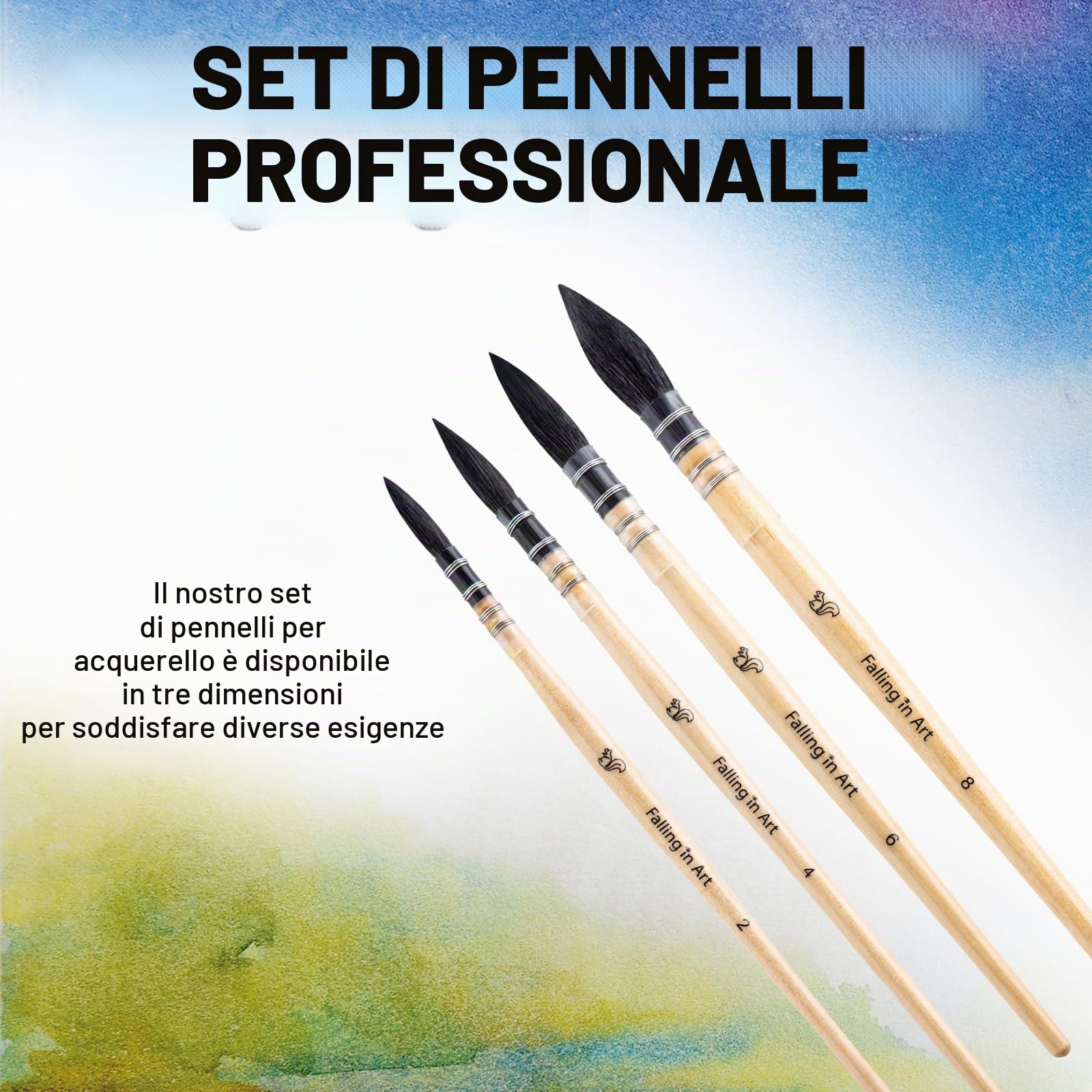 COOZEE Pennello per artisti, pennello professionale per acquerelli con peli naturali di scoiattolo, set di pennelli rotondi a punta perfetta per acquerelli, pittura acrilica a guazzo (4 pennelli)