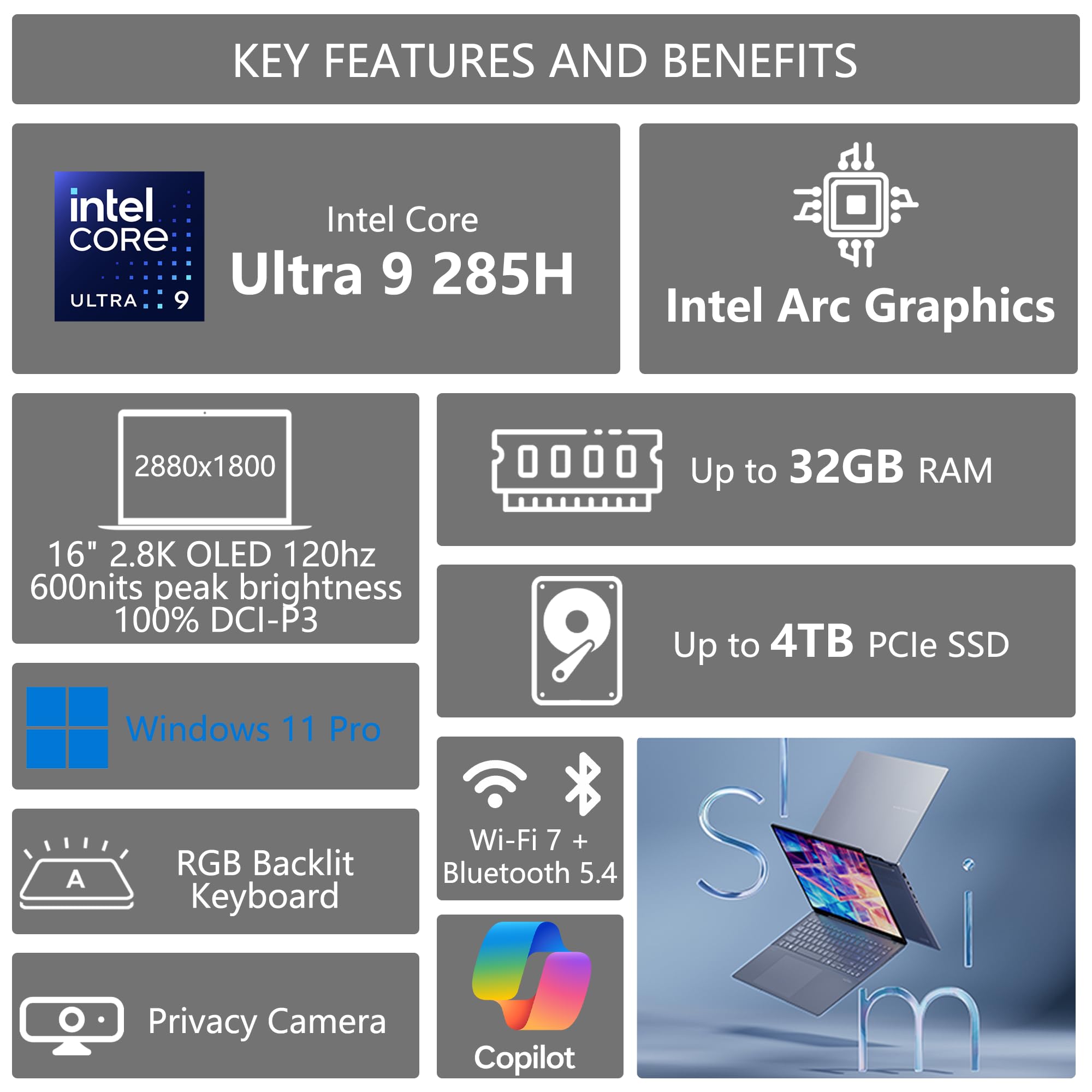 ASUS Vivobook S16 Copilot+ AI PC portatile 16" 2.8K OLED 120Hz Intel Core Ultra 9 285H 32GB RAM 2TB SSD Retroilluminazione RGB Win11 Pro