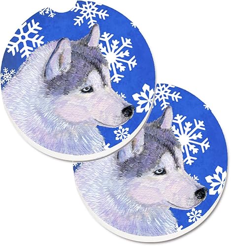 Caroline's Treasures SS4602CARC - Juego de 2 posavasos de invierno con diseño de copos de nieve de invierno de Husky Siberian, posavasos absorbentes