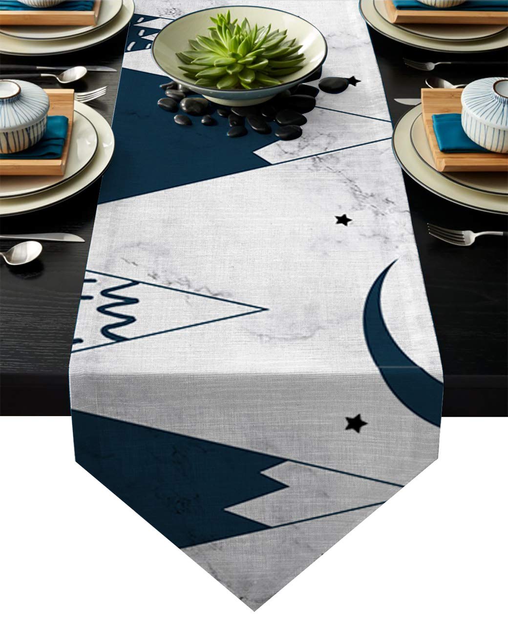 Meet 1998 Cotton Linen Table Runners Cartoon Star Moon Snow Mountain Marble Tablecovers for Kitchen Garden Wedding Parties Dinner Indoor Outdoors Home Decorations Blue White 14x72 inches