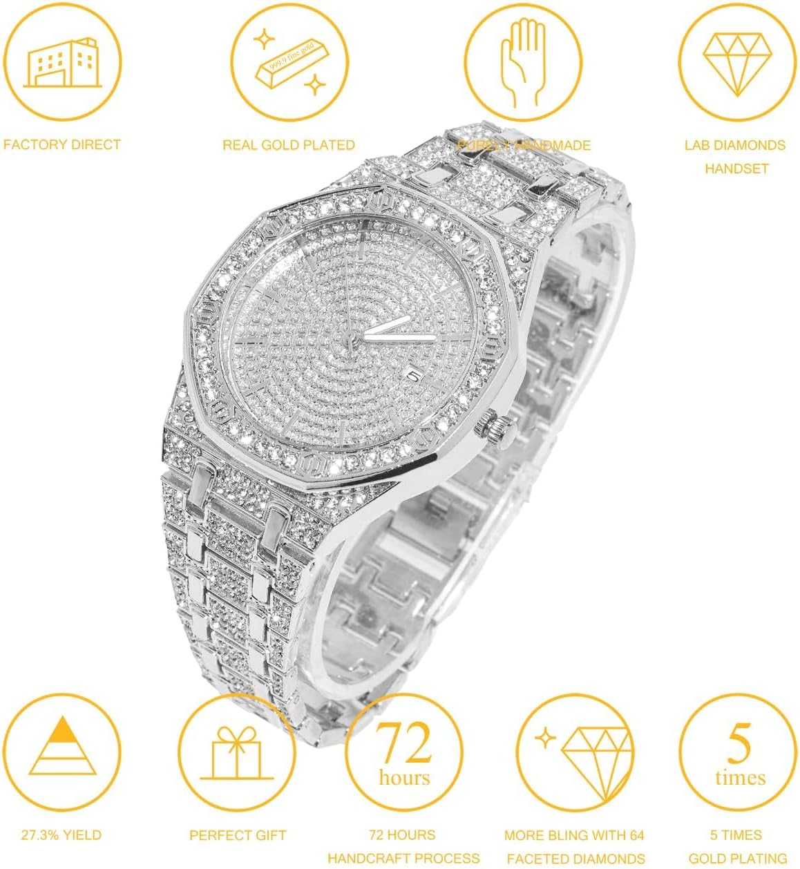 Halukakah Diamonds Gold Watch Iced Out,Men's 18K Real Gold/Platinum White Gold Plated 40MM Width Roman Numerals Dial Quartz Wristband 8.7" with Cuban Link Chain 8"+18" Necklace Bracelet,Free Giftbox