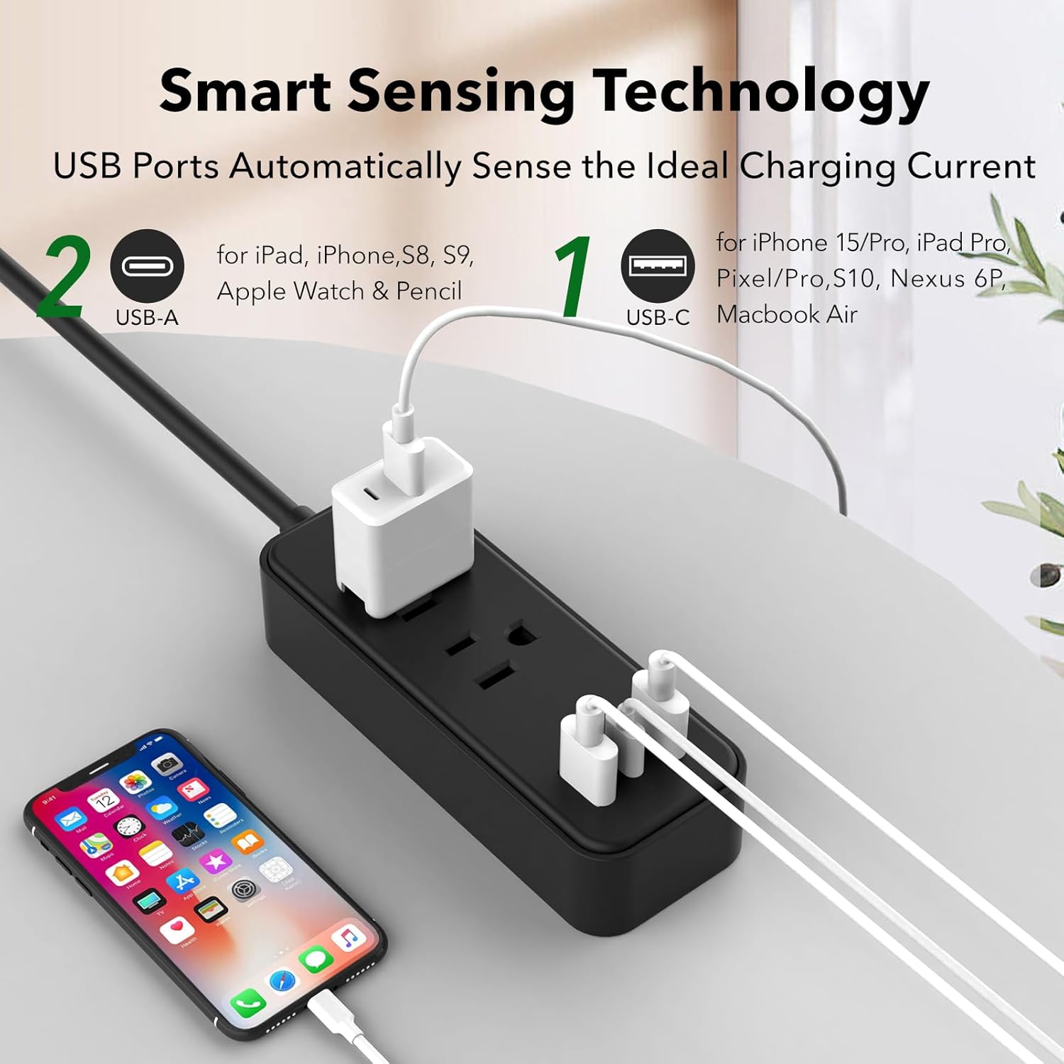 Clear Power 2-Outlet Power Strip with 3 USB Ports(1 USB-C), Flat Plug, 6 ft Power Cord, Compact USB Charging Hub, Desktop Charging Station with USB C, Black, DC3S-1202-DC