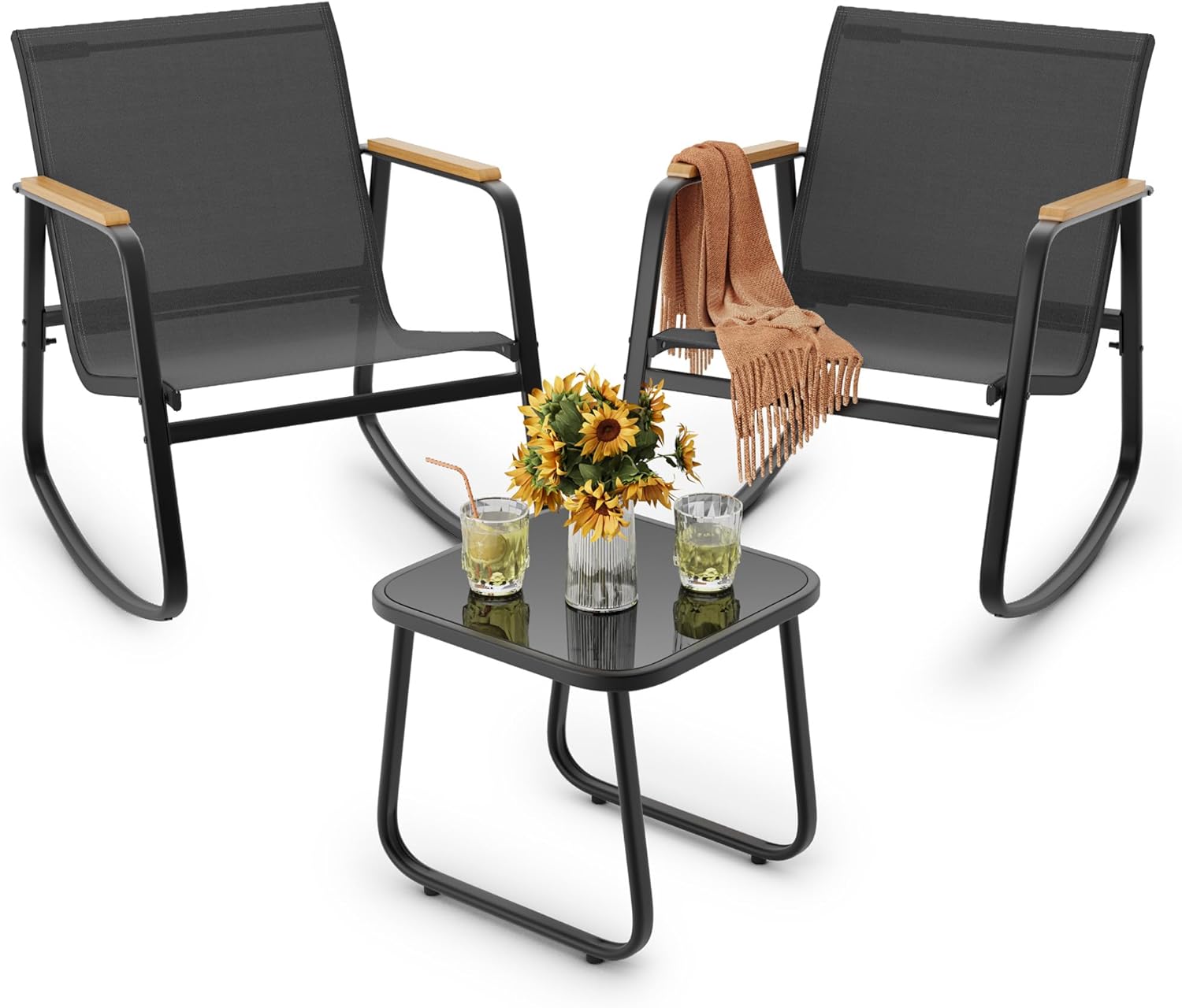 Ahomly 3 Pieces Patio Furniture Set Textilene Fabric Outdoor Patio Rocking Bistro Set with Wooden Armrests and Coffee Table for Lawn, Porch, Balcony, Poolside, Black Ahomly 3 Pieces Patio Furniture Set Textilene Fabric Outdoor Patio Rocking Bistro Set with Wooden Armrests and Coffee Table for Lawn, Porch, Balcony, Poolside, Black