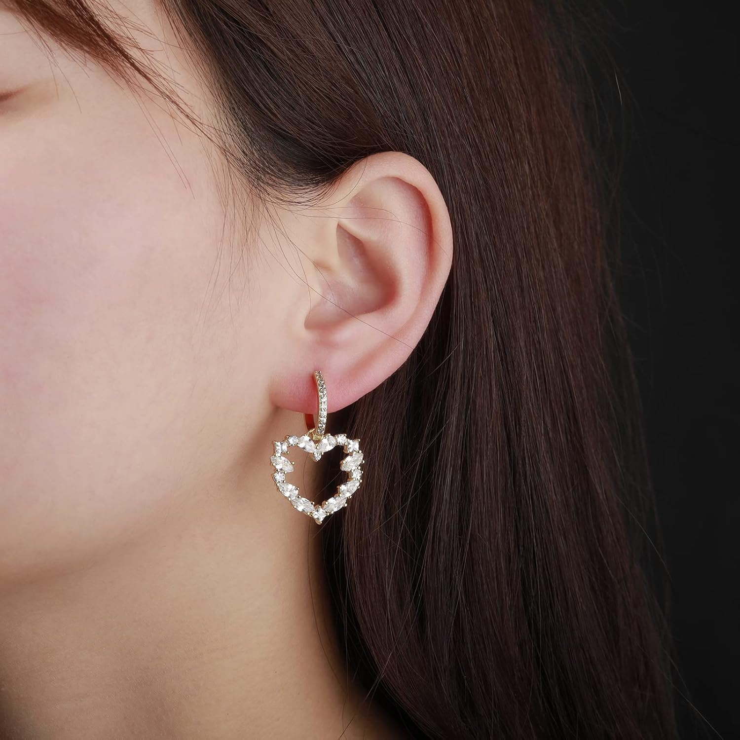 JINAO Hollow Heart Dangle Huggie Earrings 14K Gold Plated Iced Out Princess Pear Marquise Round Lab Simulated Diamond Cubic Zirconia Dangle Drop Hoop Heart Earrings for Men Women - Image 6