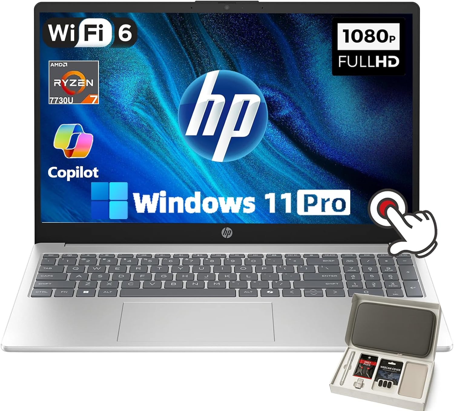 HP 15.6 Flagship Touchscreen Laptop Computer – 15.6″ Full HD • AMD Ryzen 7 7730U(up to 4.5 GHz) • HD Webcam • Win 11 pro • WiFi 6 • for Business & Student • w/Accessory • Silver (16GB RAM, 1TB SSD)