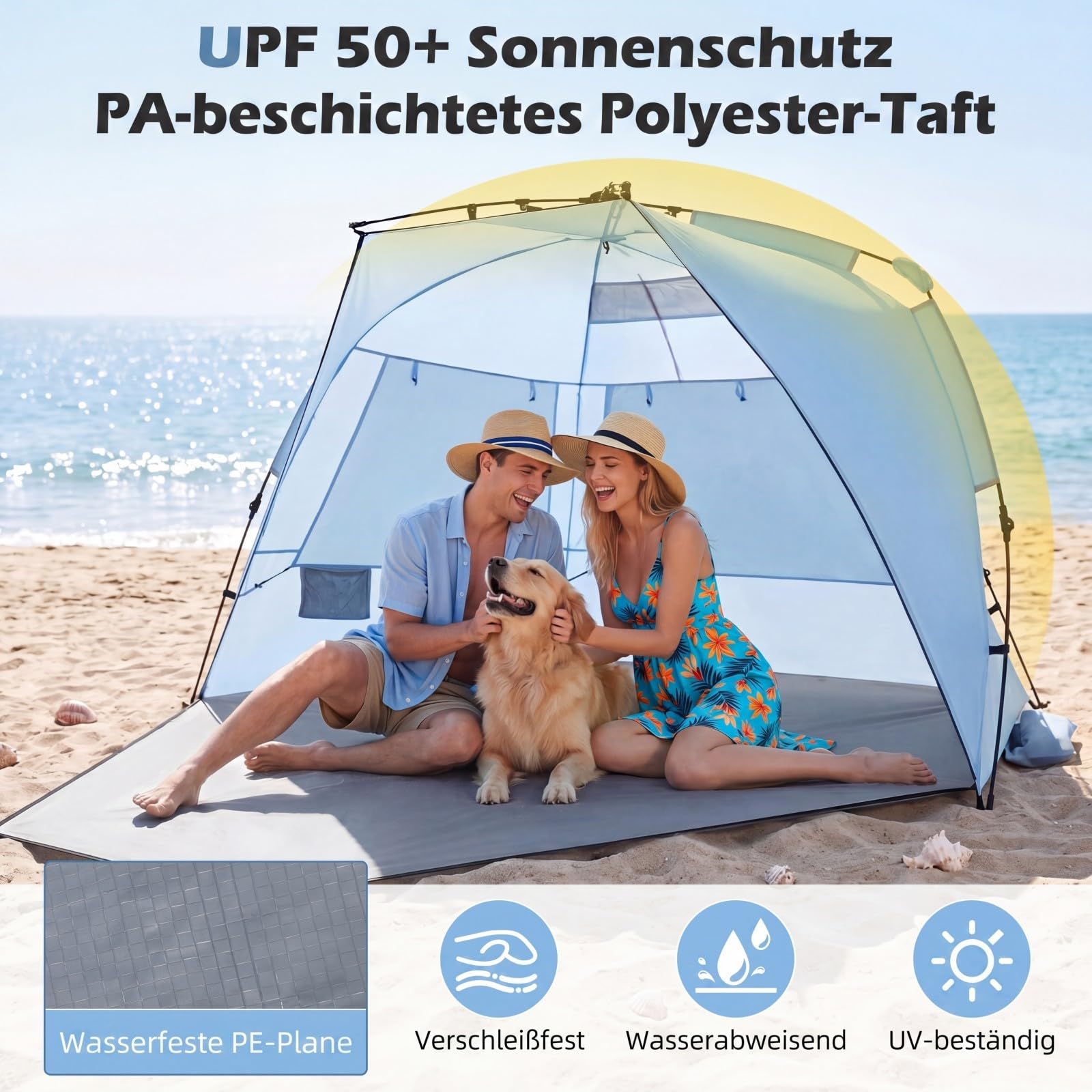 COSTWAY Namiot plażowy Pop Up dla 3-4 osób, namiot plażowy z torbą do przenoszenia, śledziami i 3 kieszeniami na piasek, ochrona przed promieniowaniem UV 50+, ochrona przed słońcem z drzwiami na zamek