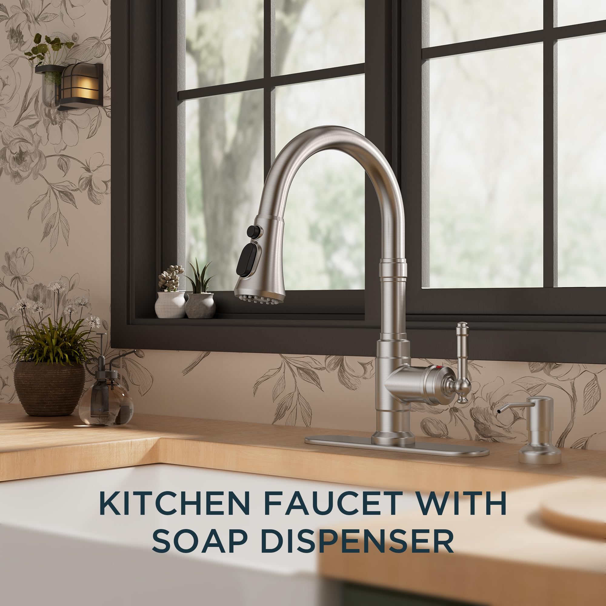 Grifo de cocina vintage con dispensador de jabón y rociador extraíble, grifo clásico de acero inoxidable de arco alto con manija única, acabado níquel cepillado, ideal para casas de campo, caravana