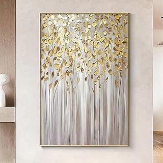 Gold Leaf Picture Abstract Golden Painting Grey Gold and White Artwork Modern Textured Wall Art Golden Tree Artwork Minimalist Botanical Prints Abstract Leaves Canvas Wall Art 16x24inch Unframed