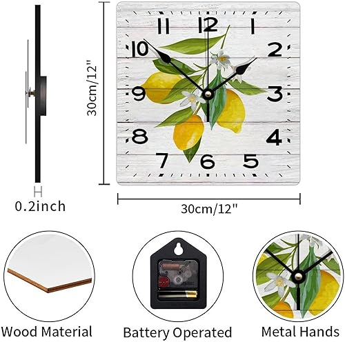 Miniatura 2 de Reloj de pared de madera con frutas y madera rústica, limón, 12 pulgadas, reloj de pared cuadrado vintage de madera, reloj de pared clásico preciso