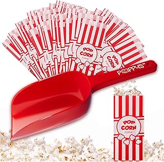 Plastic Popcorn Scoop Bundle - 200 Bags and Plastic Popcorn Scooper, Popcorn Machine Accessories for Popcorn Bars, Movie Nights, Concessions