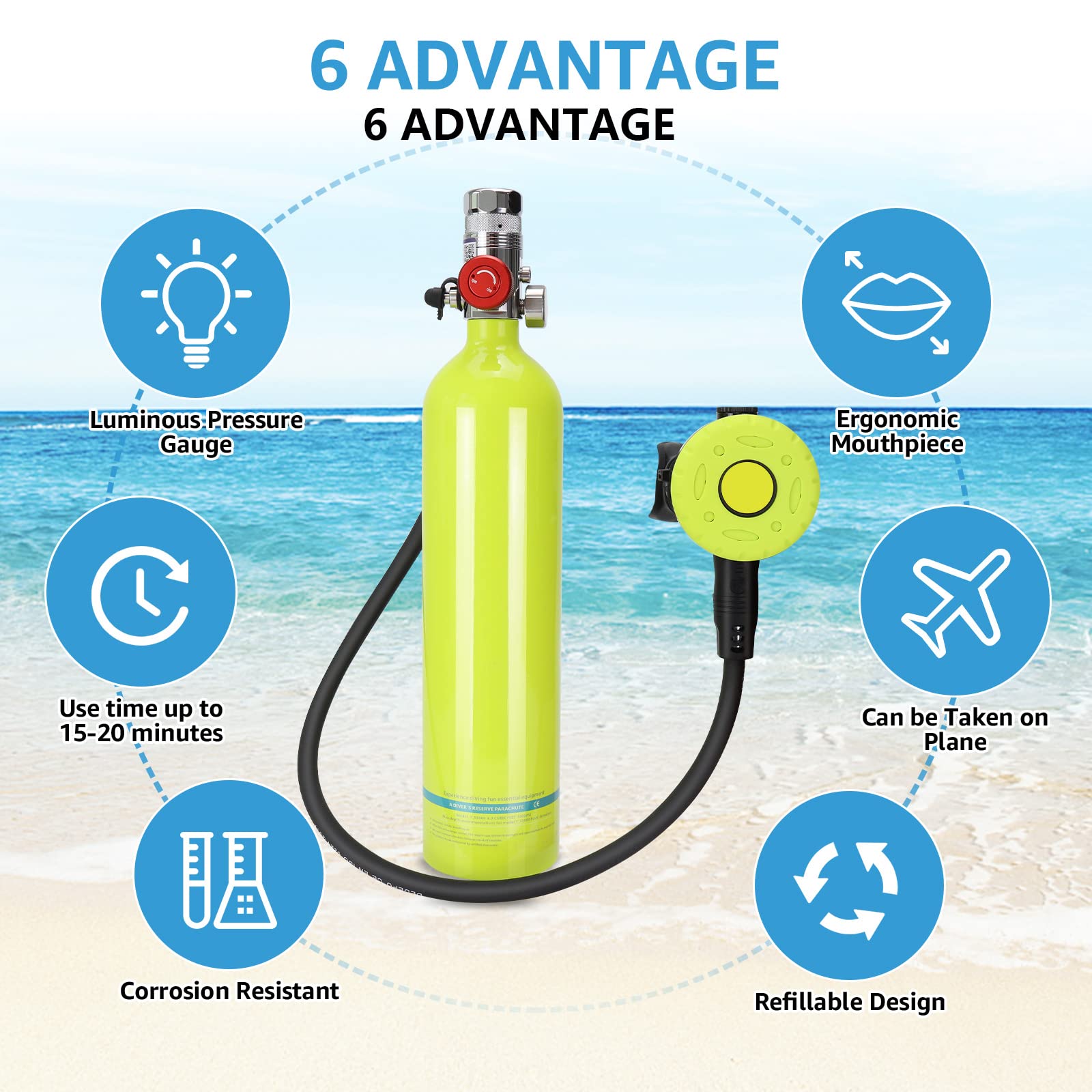 Tanque de Buceo Buceo Cylinder portátil, bombona de bombona de 1 litro de oxígeno, capacidad 20 minutos respirador subacuático, kit de equipo de buceo para snorkel, verde