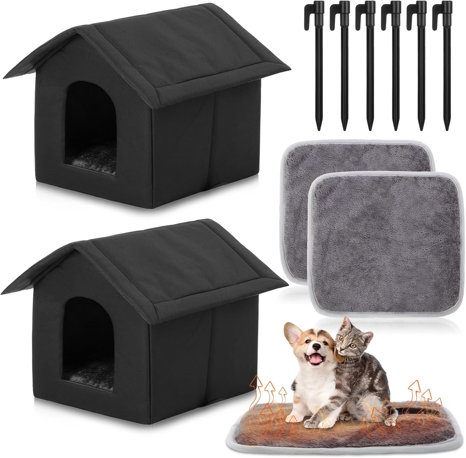 2 Sets Outdoor Cat Shelter with Self Heating Cat Pad Included 15.8 Inch Waterproof Stray Shelter Self Warming Pad Outside Pet Cave with Tent Stakes for Wild Animal Dogs(Black)