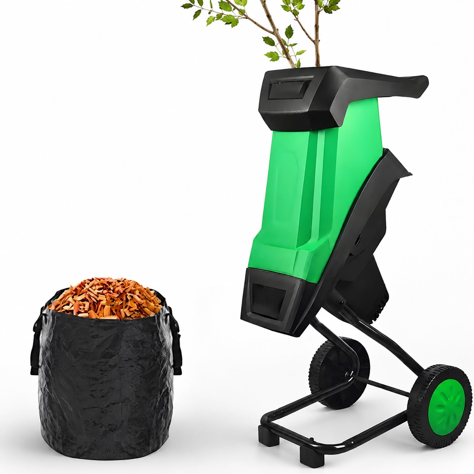 2400 W Biotrituratore Elettrico per Rami, Trituratore da Giardino con Cestino da 50 L, Diametro di Taglio 40 mm, Tramoggia di Alimentazione e Ruote