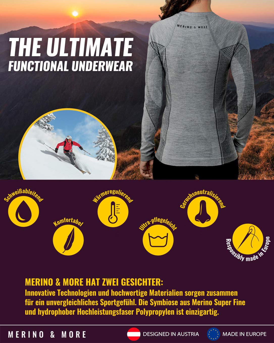 Merino & More Merino Skiunterwäsche Damen - Funktionsunterhemd Merinowolle Langarm