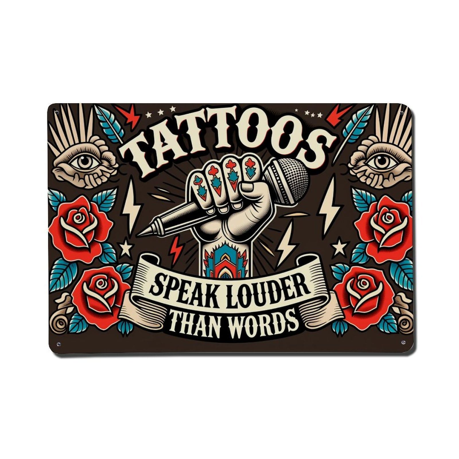 Tattoo Hand Microphone Roses Eyes Lightning Stars Banner Tin Sign Vintage Metal Poster, Home Bar Garage Man Cave Cafe Indoor & Outdoor Wall Decoration 8x12Inches