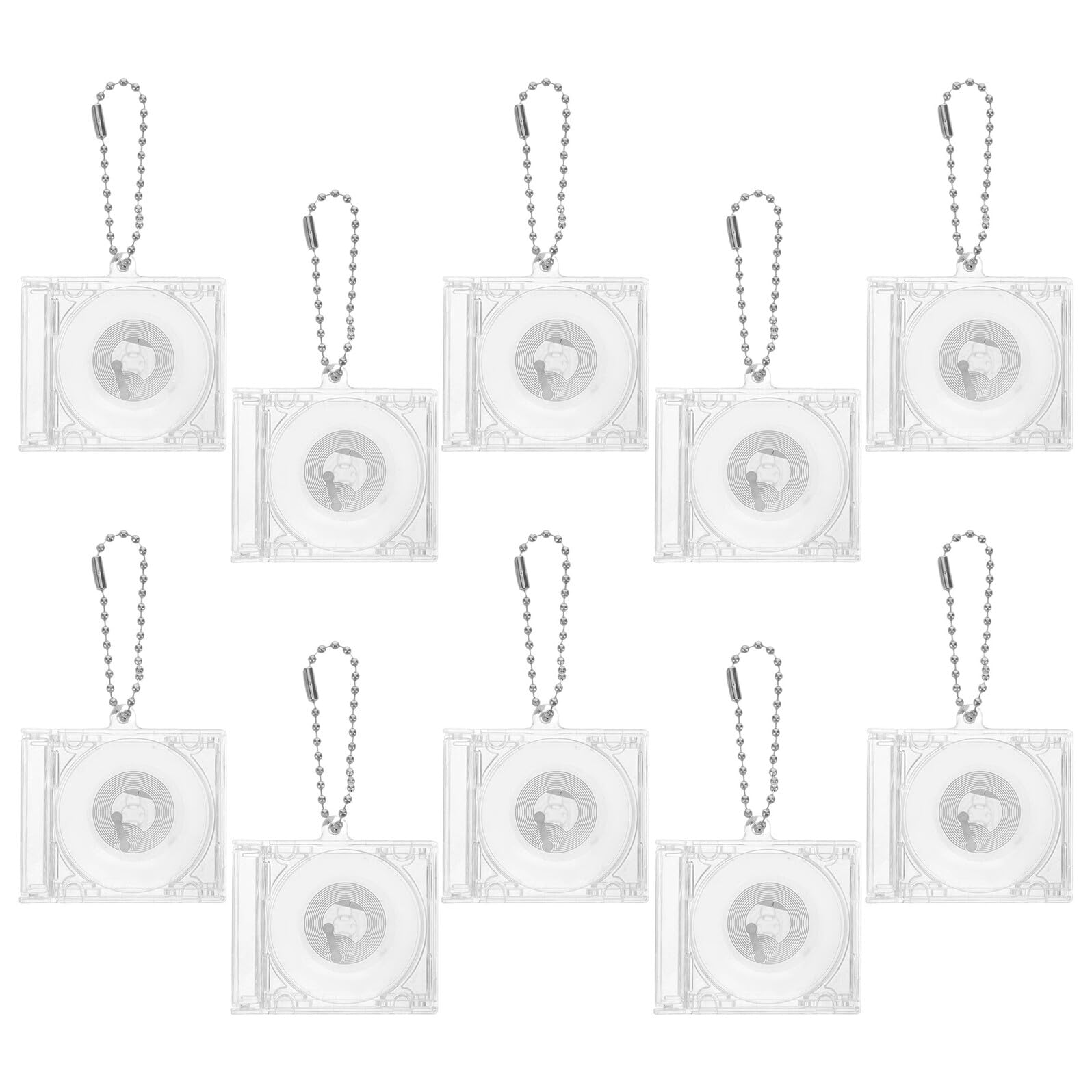 Healeved Mini-CD-Halter, Schlüsselanhänger-Set mit NFC-Chip und silberfarbener Perlenkette, tragbare Mini-Album-Disc-Hülle für DIY-Rucksack, hängende Dekoration und Zubehör, 10 Stück