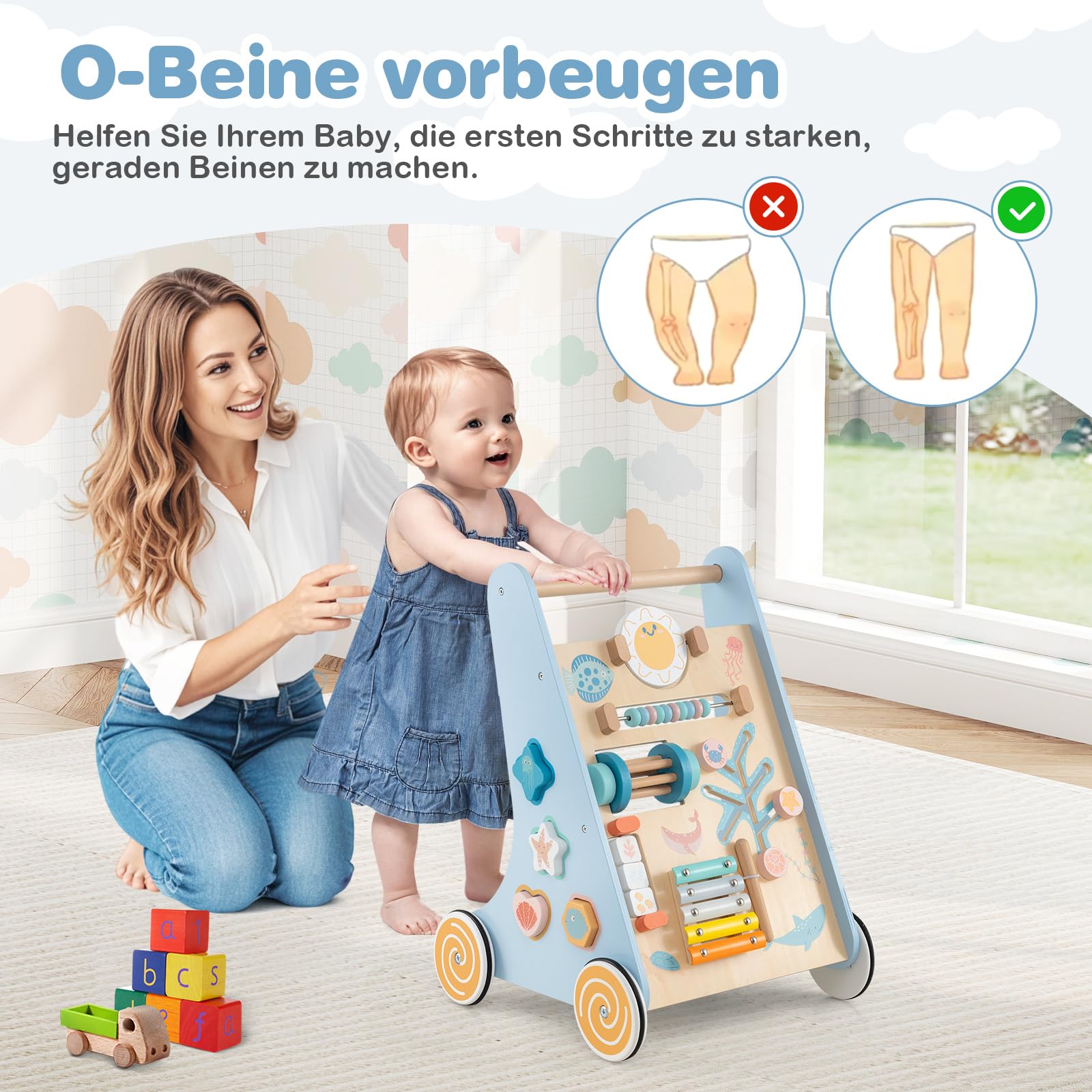 DREAMADE Lauflernwagen Holz, multifunktionale Lauflernhilfe mit Montessori Spielzeug, Schiebe- und Zieh-Lernaktivitätszentrum mit Rädern, Baby Walker für Jungen und Mädchen