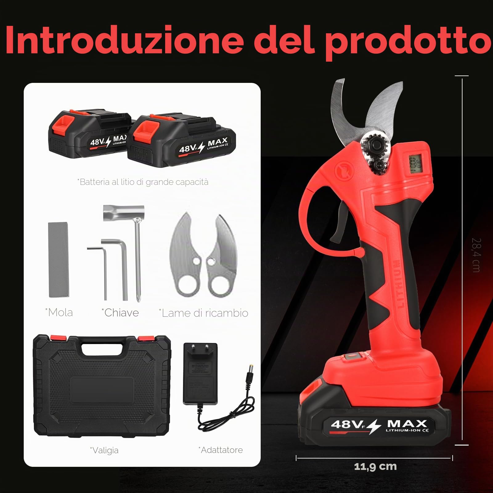 Forbici Potatura a Batteria, 30mm Professionali Forbici Potatura Elettriche con 2 * 2000 mAh, SK7 Lame, display LCD, Motore brushless, potatura efficiente per giardinaggio, alberi da frutto, vigneto