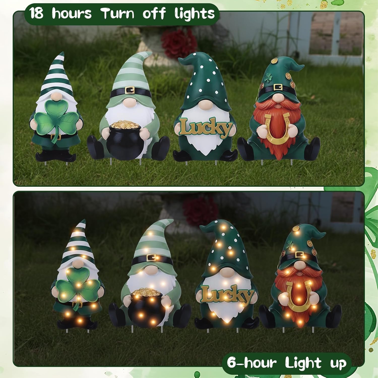 Pinkunn 4 Pack St Patricks Day Gnome Yard Signs with Stakes Lighted Gnome Decorations St Patricks Day Yard Signs Shamrock Gnomes with Lights for Outdoor Patio Lawn Garden Home Decor