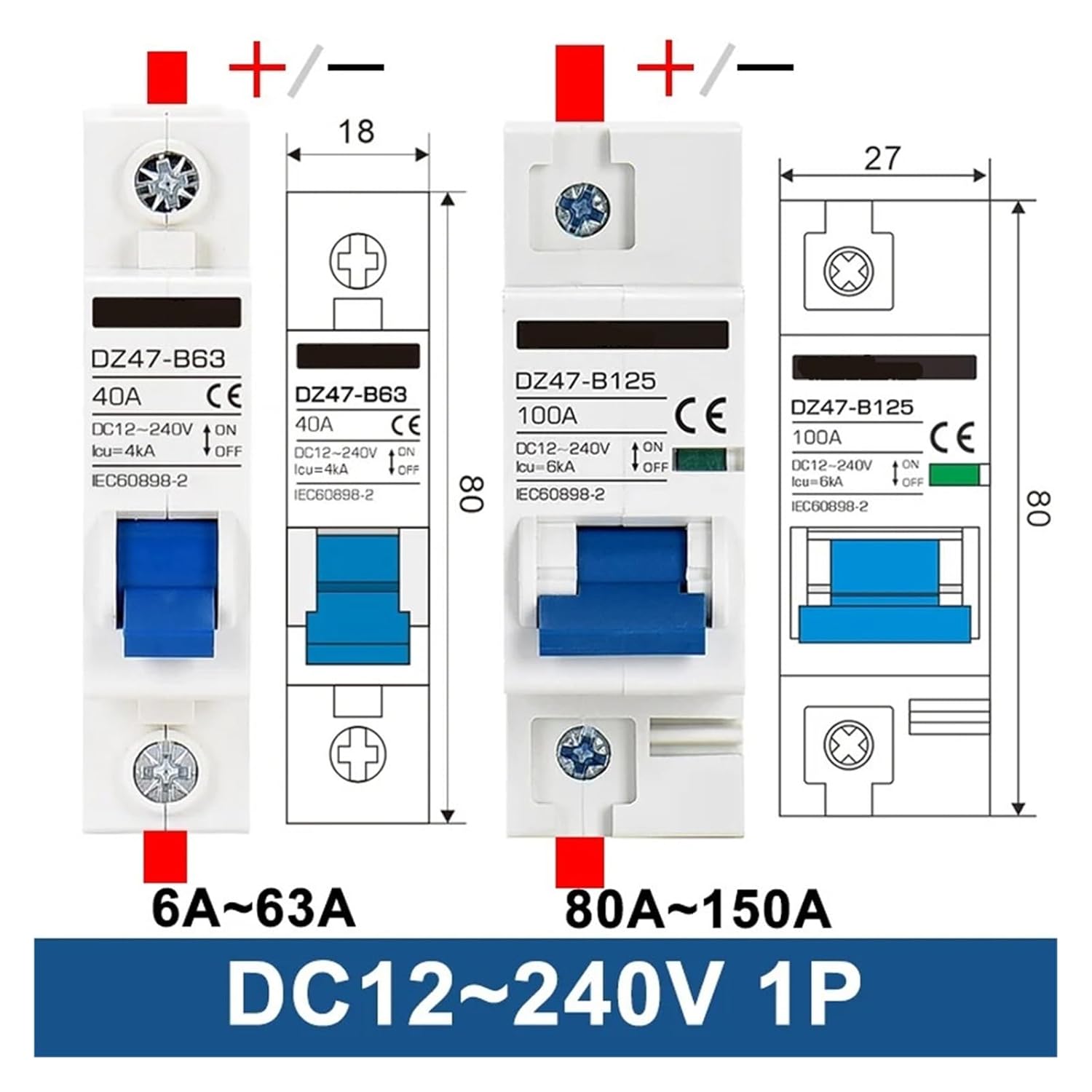 DC 12V 24V 48V 36V 72V MCB Battery Car Protector Circuit Breaker DZ47 Positive and Negative Pole Protection Switch Isolator(1P-1P,DC100A)