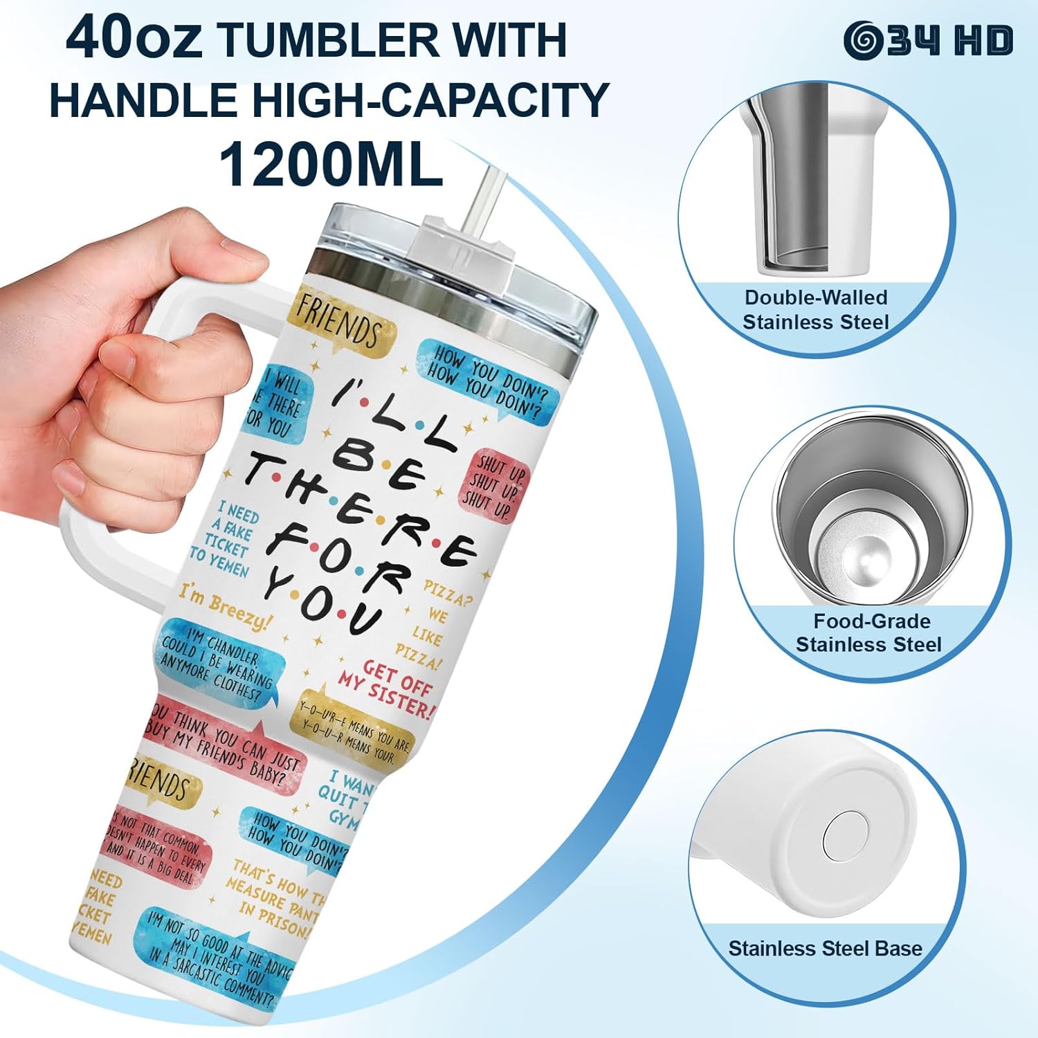 34HD Golden Girls Squad Tumbler 40oz with Handle Lid and Straw, Funny Retro TV Show Insulated Travel Coffee Mug for Fans - Birthday Gift for Friends, Friendship and Besties