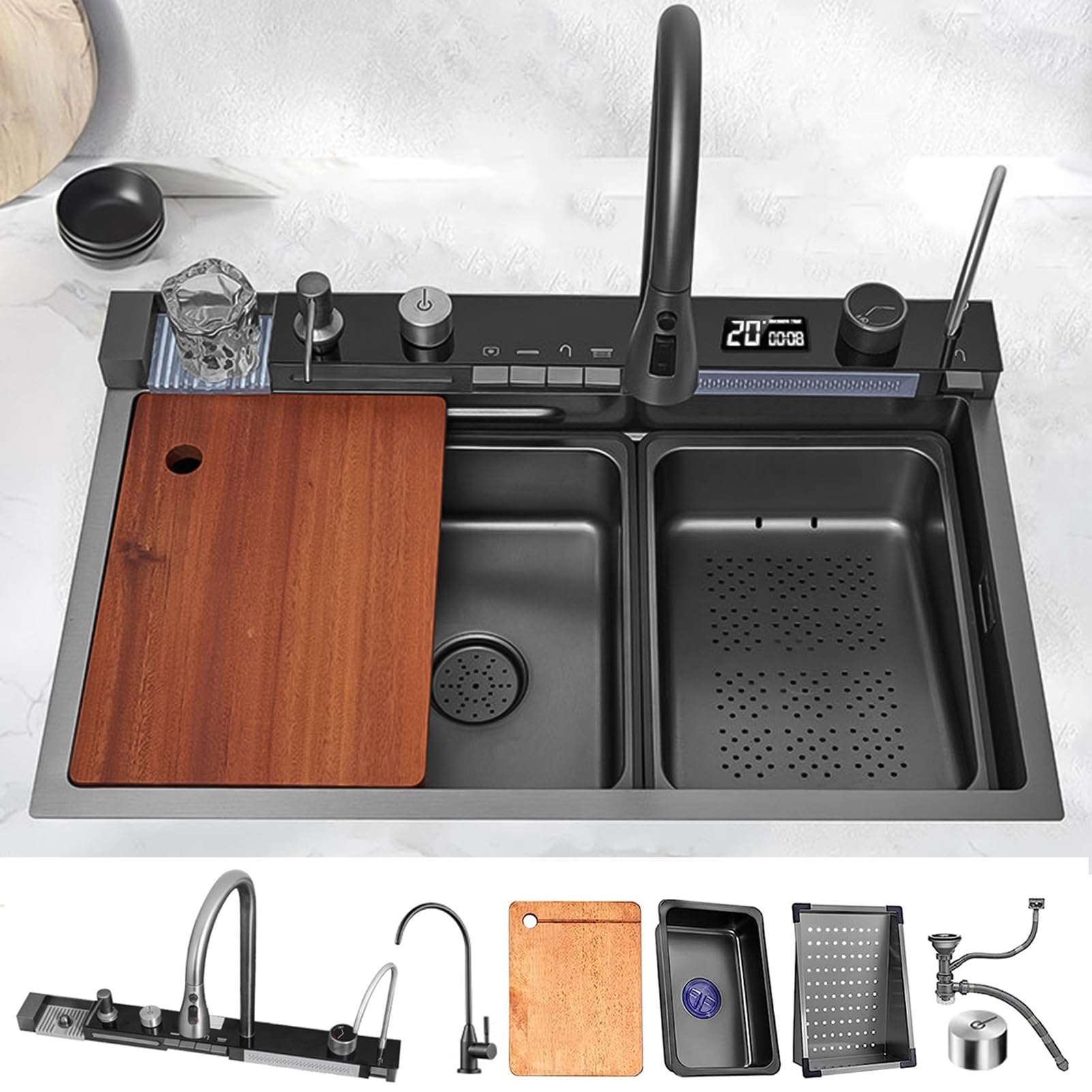ZQFHSX Workstation Kitchen Sink, 304 Stainless Steel Bar with Waterfall, Pull-Out Faucet, LED Screen, Cup Washer, Drain Knob & Kits