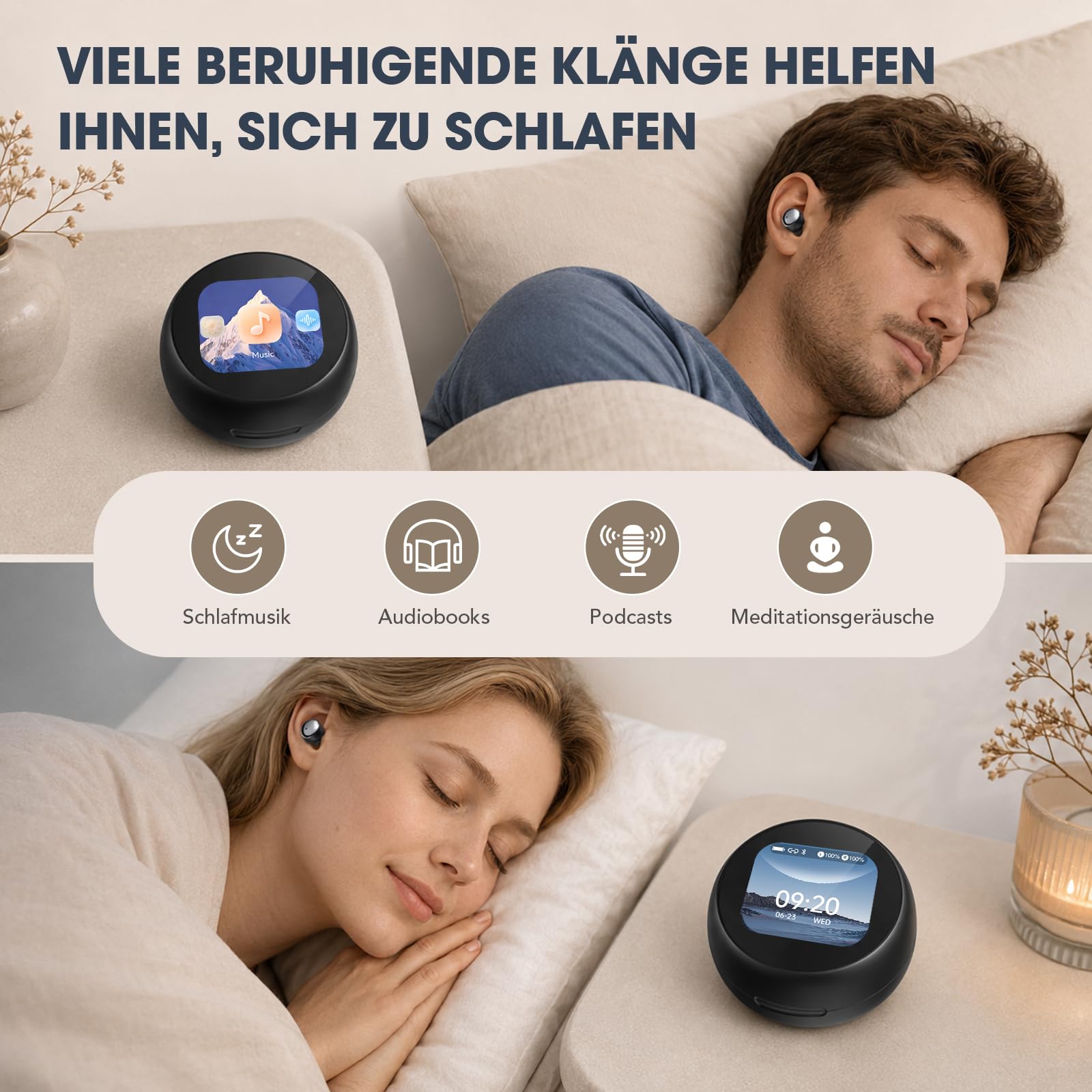 NE90 Schlafkopfhörer für Seitenschläfer, Mini Bluetooth 6.0 Kopfhörer zum Schlafen mit Smart-Touchscreen-Case, Sleep-Timer, Dual-Bluetooth, 18 Std. Akku, KI-Übersetzung in 160+ Sprachen