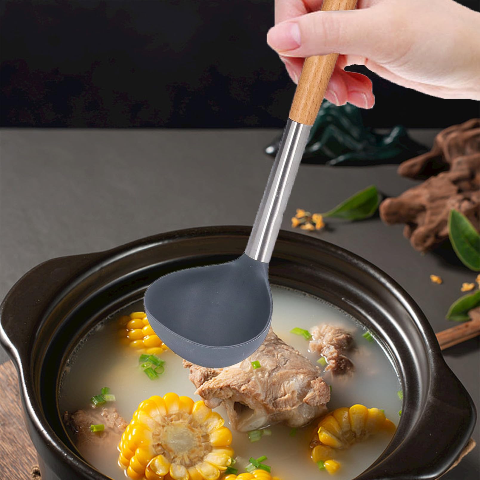 QANYEGN Silicone Soup Ladle, Nonstick Soup Spoon with Wooden Handle, Heat Resistant Cooking Soup Ladle, Baking Cookware for Serving Soup, Sauce