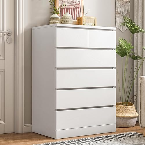 Tall White Dresser, 5 Tier Dressers Bedroom Furniture with 6 Storage Drawers, 43 Inch Modern Chest of Drawers for Bedroom Living Room, Metal Rails, 23.62×16.14×42.91inches