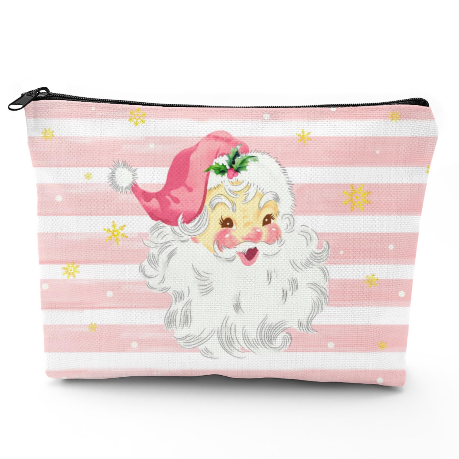 Pink Christmas Santa Claus Makeup Bag, Xmas Snowflakes Women Large Capacity Zipper Cosmetic Bag